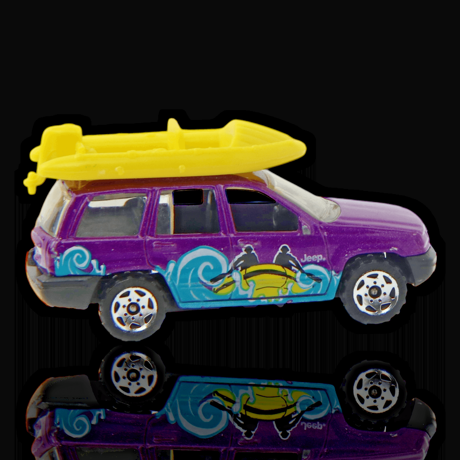 Matchbox 1999 JEEP GRAND CHEROKEE ~ 1:64 Purple Yellow Boat Surf Decals Diecast