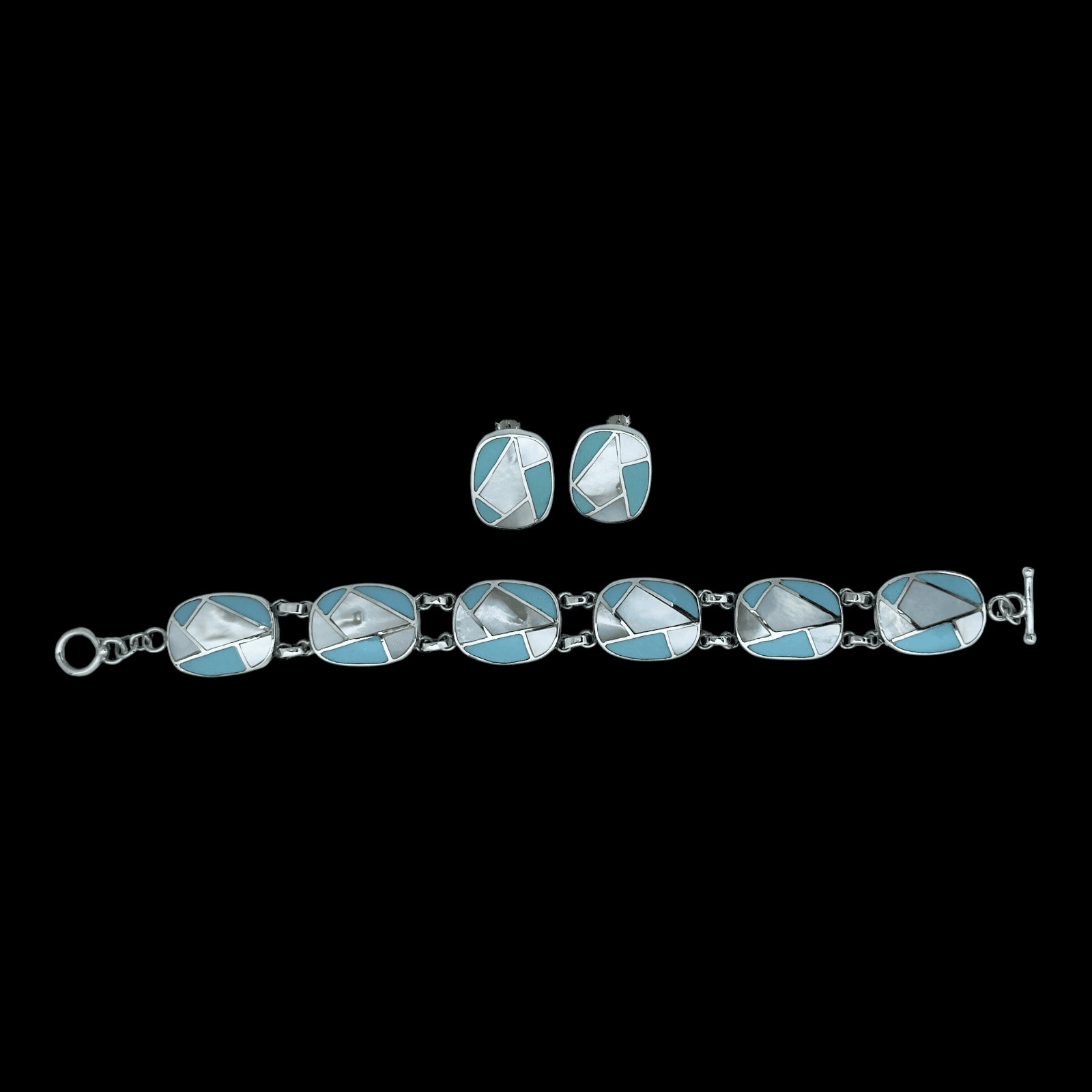 Turquoise & Mother of Pearl Link Sterling Silver Bracelet 8.5 & Earrings