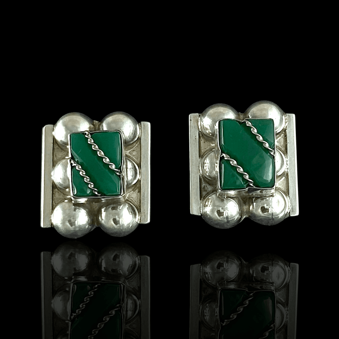 Vintage Mexican Sterling Silver & Green Onyx Screw on Back Earrings