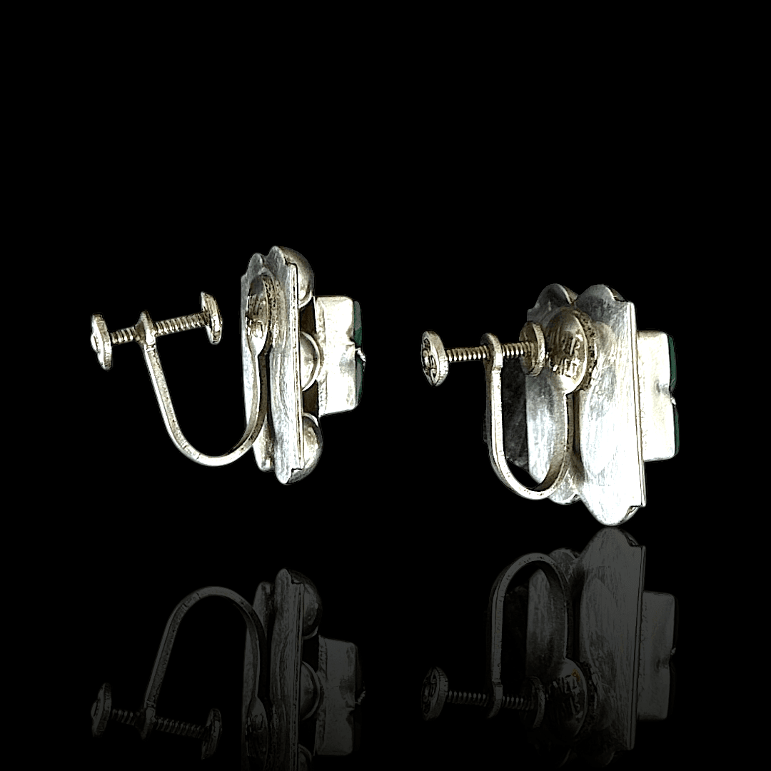 Vintage Mexican Sterling Silver & Green Onyx Screw on Back Earrings - Thumbnail 3