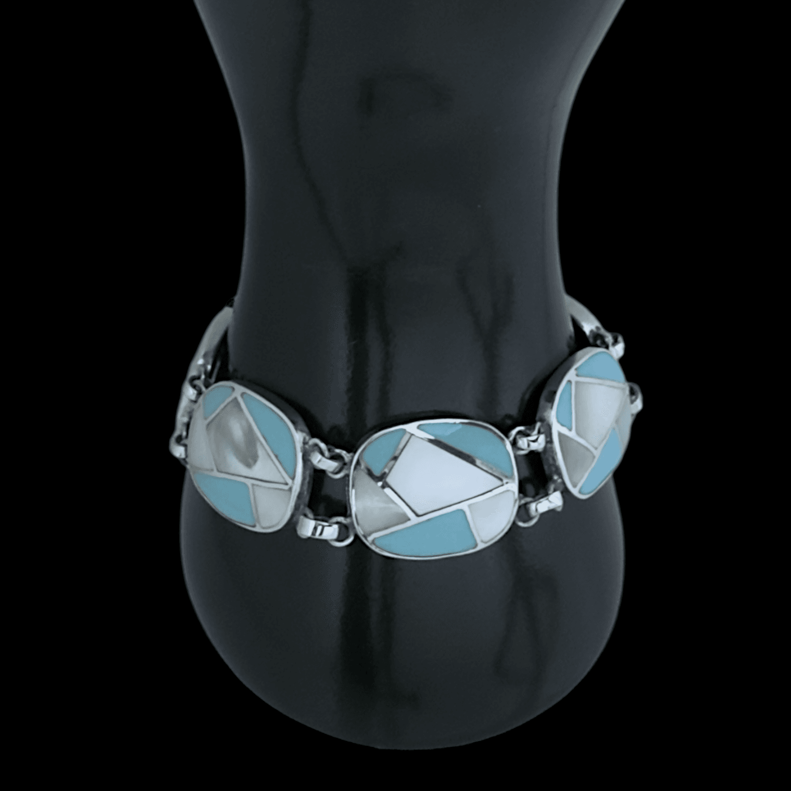 Turquoise & Mother of Pearl Link Sterling Silver Bracelet 8.5 & Earrings - Thumbnail 2