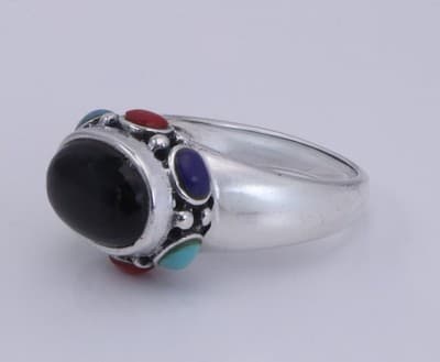 Sterling Silver Black Onyx Camacho Ring With Multicolor Stone Accents Size 6 - Thumbnail 3