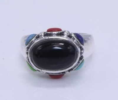 Sterling Silver Black Onyx Camacho Ring With Multicolor Stone Accents Size 6 - Thumbnail 4