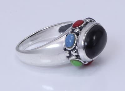 Sterling Silver Black Onyx Camacho Ring With Multicolor Stone Accents Size 6 - Thumbnail 2