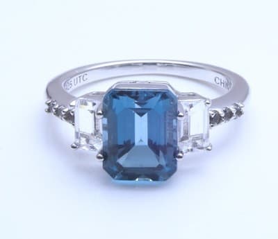 Sterling Silver London Blue Topaz Emerald Cut Ring with CZ Accents – Size 6