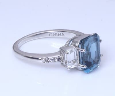 Sterling Silver London Blue Topaz Emerald Cut Ring with CZ Accents – Size 6 - Thumbnail 3