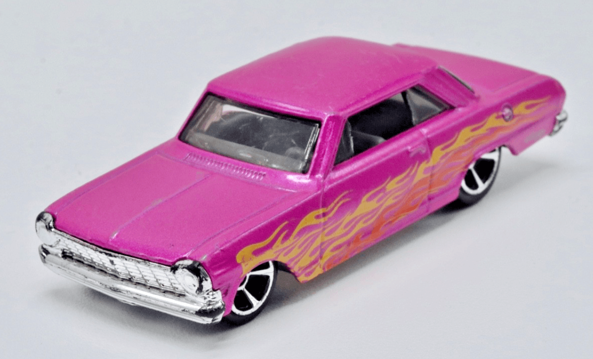 2017 Hot Wheels Flames ~ 1963 CHEVY II (7/10) Collector (14/365) Pink Metalflake