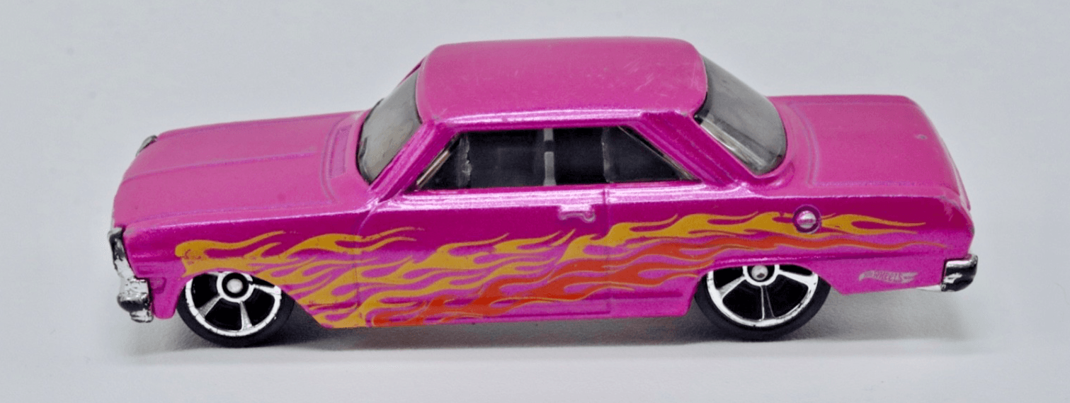 2017 Hot Wheels Flames ~ 1963 CHEVY II (7/10) Collector (14/365) Pink Metalflake - Thumbnail 3