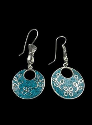 Vintage Taxco Mexico 925 Sterling Silver Turquoise Inlay Dangle Earrings