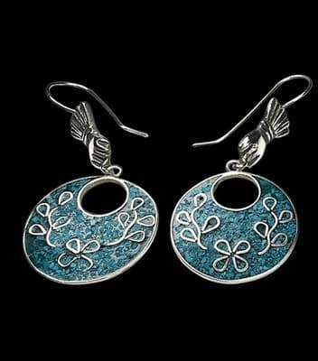 Vintage Taxco Mexico 925 Sterling Silver Turquoise Inlay Dangle Earrings - Thumbnail 2