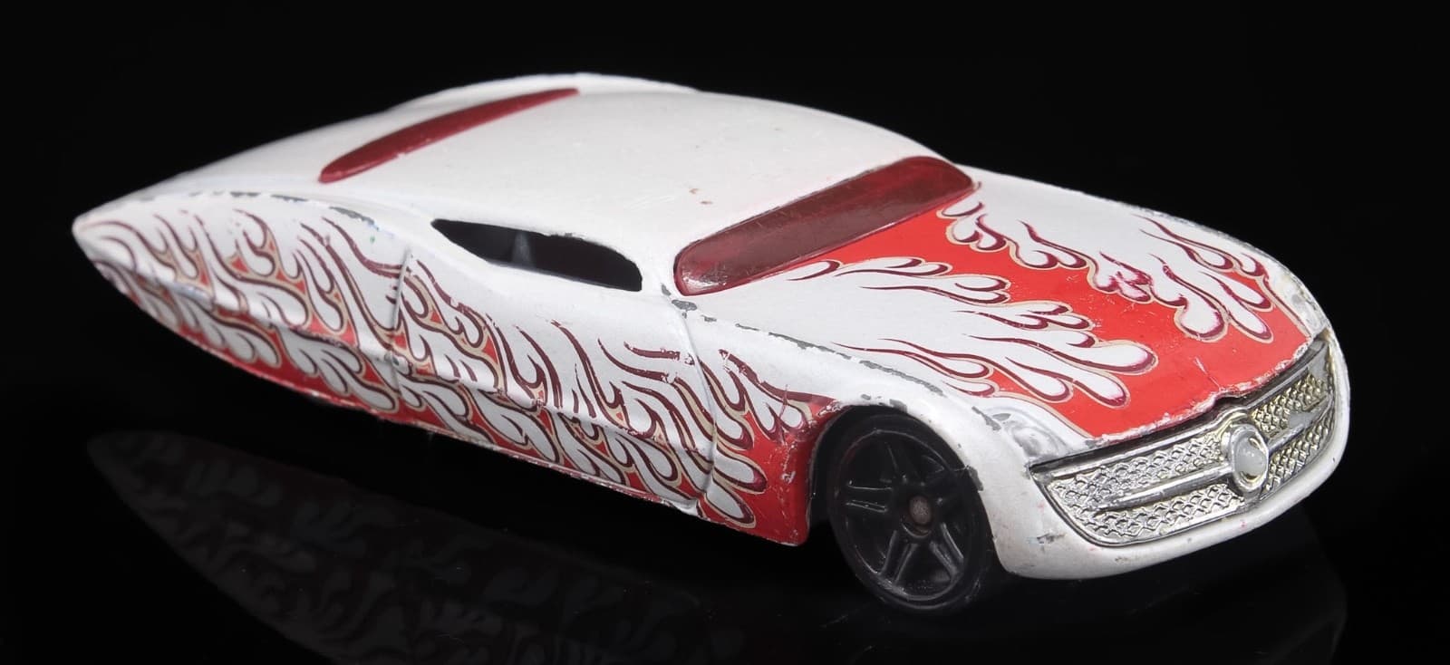 2009 Hot Wheels Mystery Series ~ GANGSTER GRIN ~ White Red Flames 1/64 Diecast