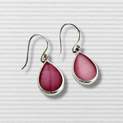 925 Sterling Silver earring with Pink Cats Eye pear shaped cabochon - Thumbnail 4