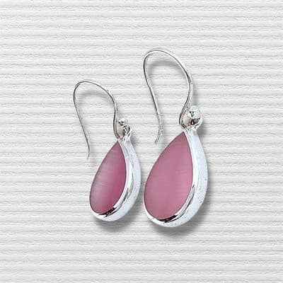 925 Sterling Silver earring with Pink Cats Eye pear shaped cabochon