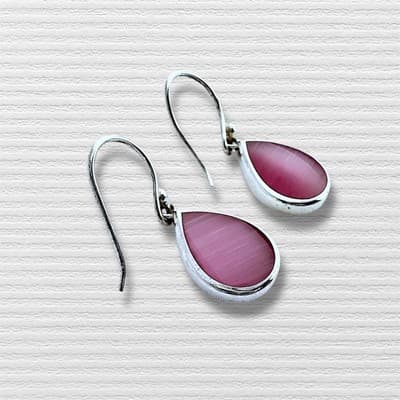 925 Sterling Silver earring with Pink Cats Eye pear shaped cabochon - Thumbnail 3