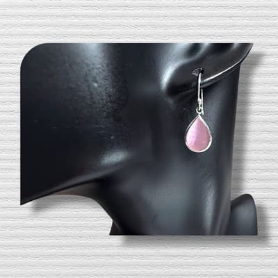925 Sterling Silver earring with Pink Cats Eye pear shaped cabochon - Thumbnail 7
