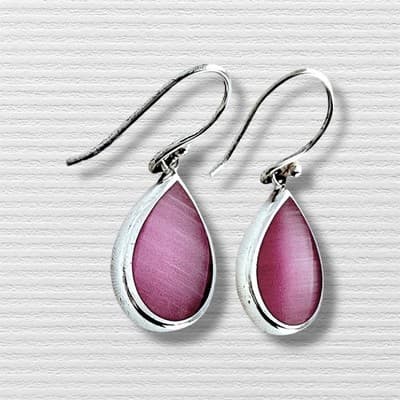 925 Sterling Silver earring with Pink Cats Eye pear shaped cabochon - Thumbnail 2