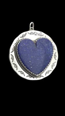 JOAN SLIFKA DESIGNS Sterling BLUE LAPIS HEART Pendant 2” Signed, Dated By Artist - Thumbnail 2
