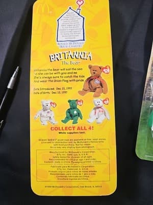 1999 McDonald's Ty Britain Britannia The Bear Beanie Babies Bear in Box - Thumbnail 2
