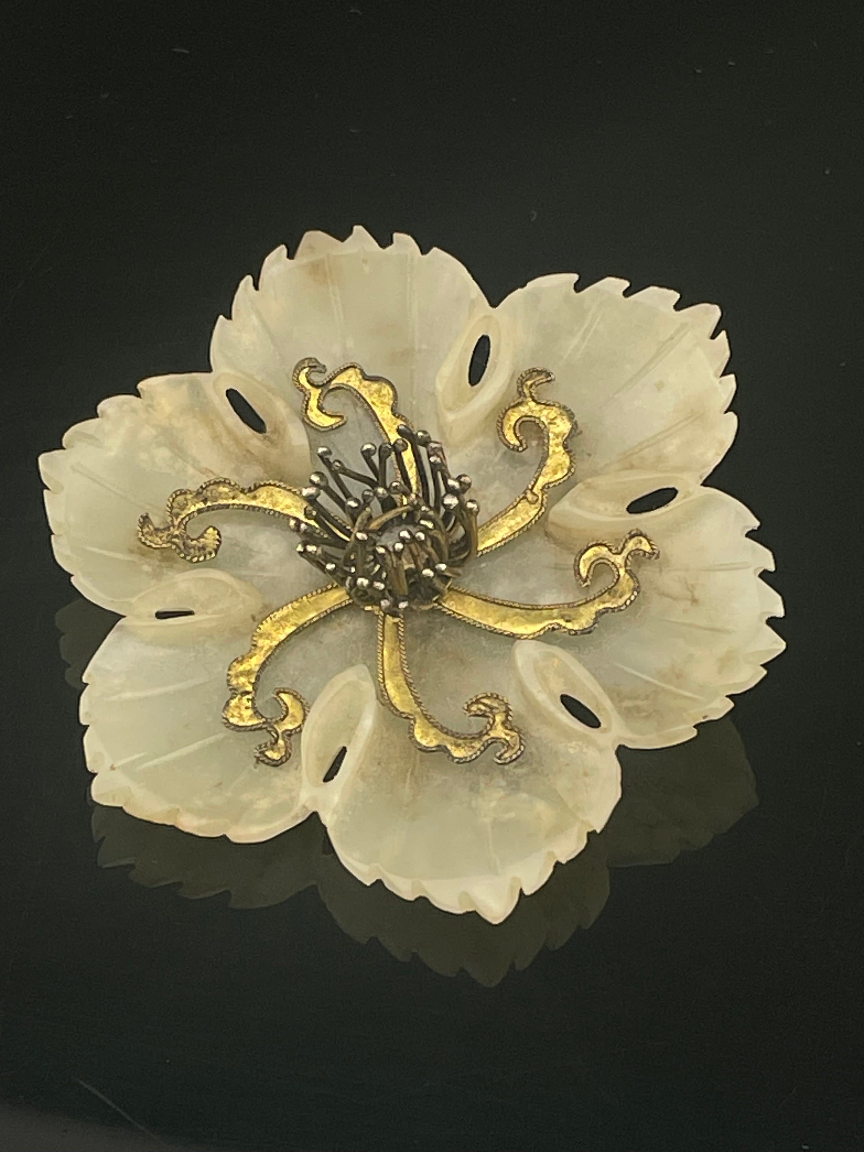 Vintage Carved White Nephrite Jade Flower Brooch Large Floral Chinese 30s 40s