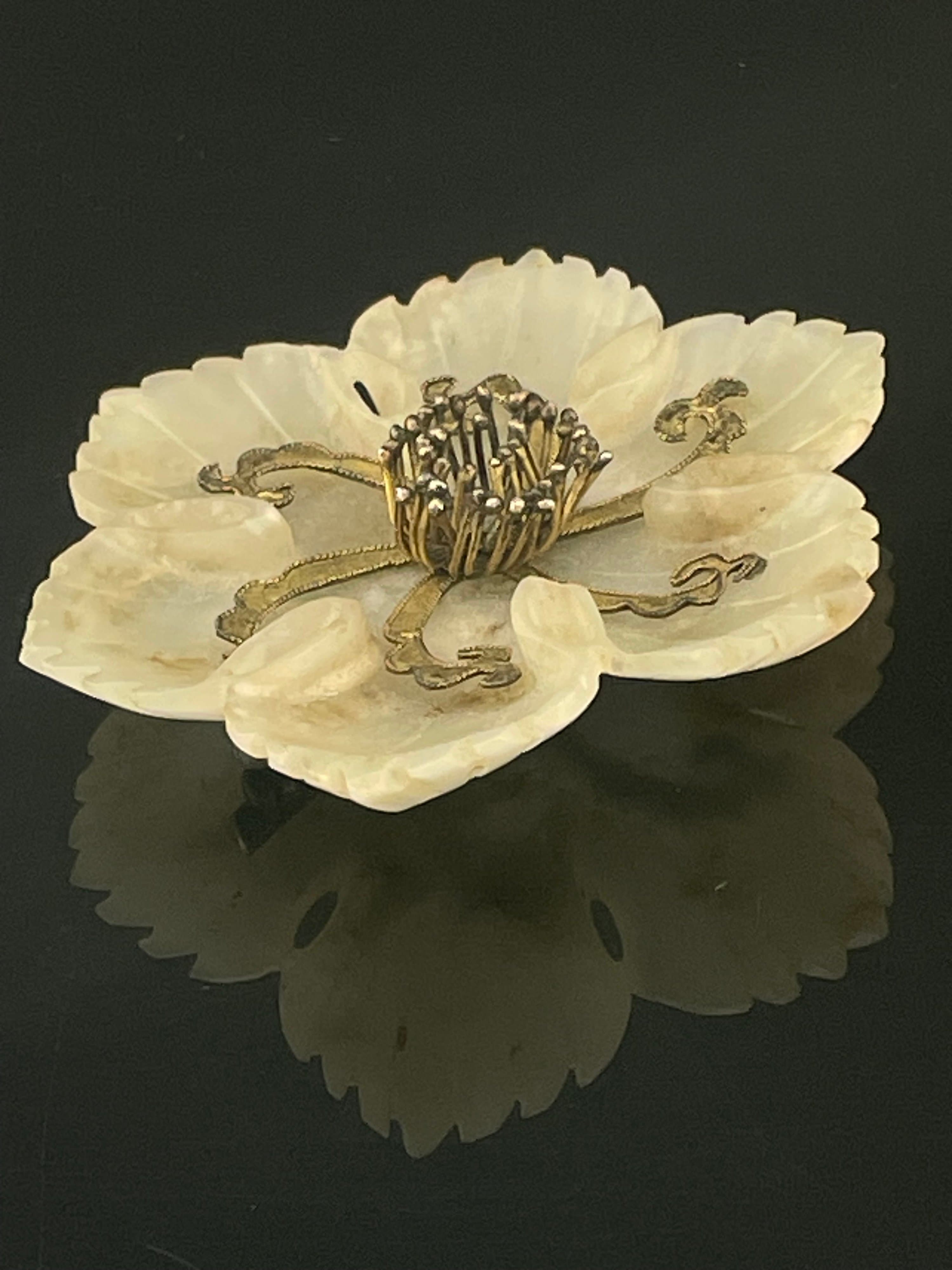 Vintage Carved White Nephrite Jade Flower Brooch Large Floral Chinese 30s 40s - Thumbnail 6
