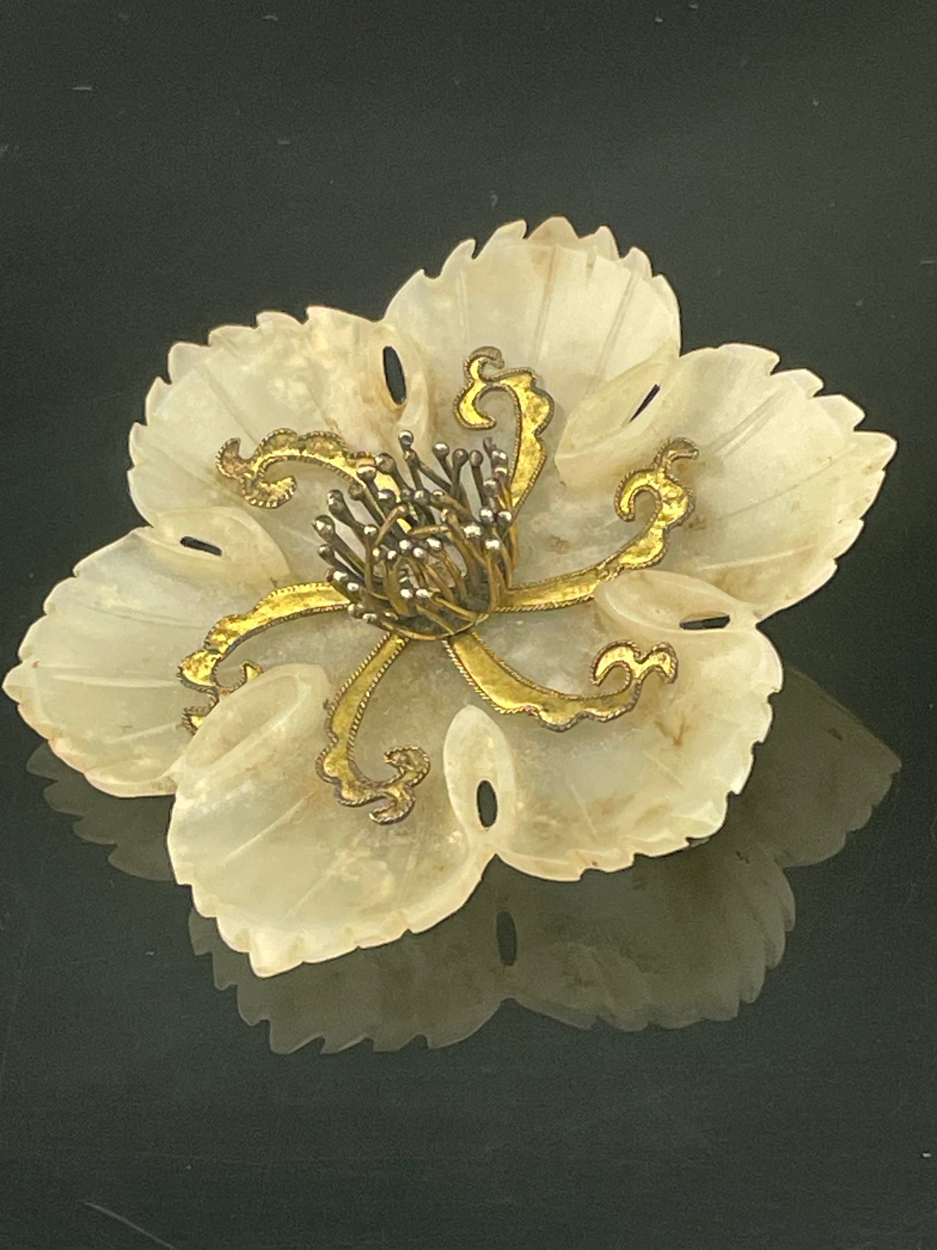 Vintage Carved White Nephrite Jade Flower Brooch Large Floral Chinese 30s 40s - Thumbnail 2