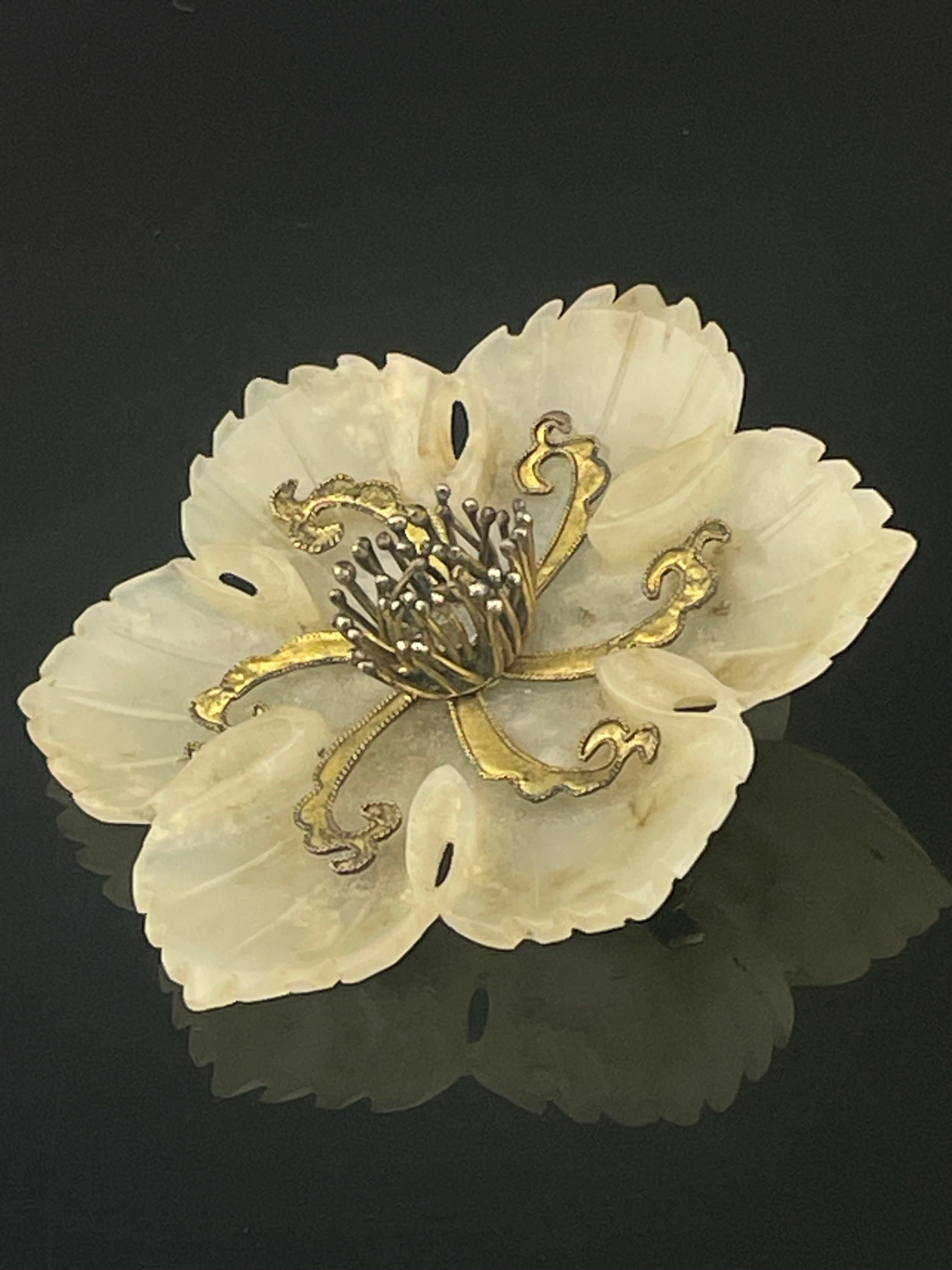 Vintage Carved White Nephrite Jade Flower Brooch Large Floral Chinese 30s 40s - Thumbnail 3