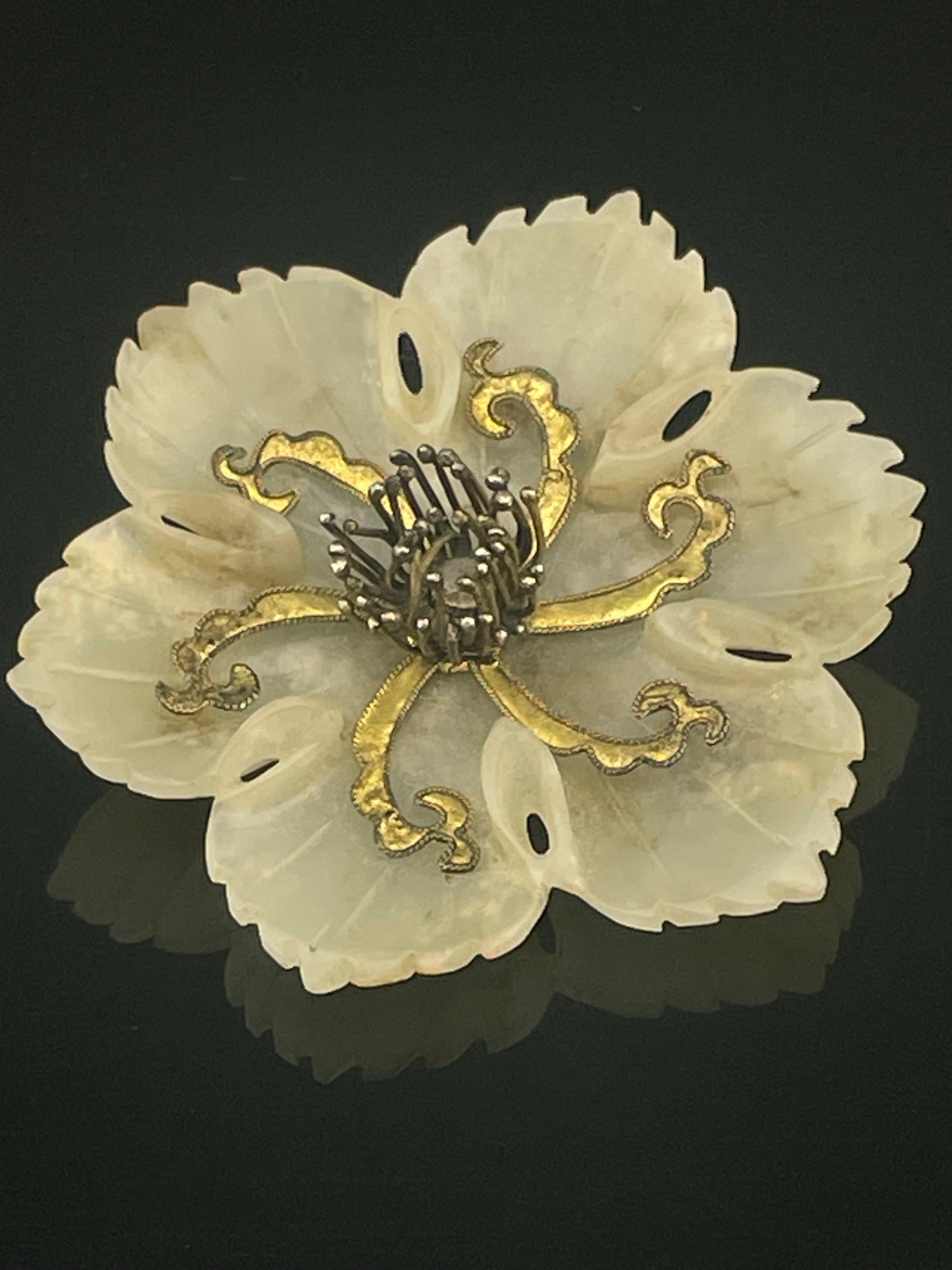 Vintage Carved White Nephrite Jade Flower Brooch Large Floral Chinese 30s 40s - Thumbnail 4