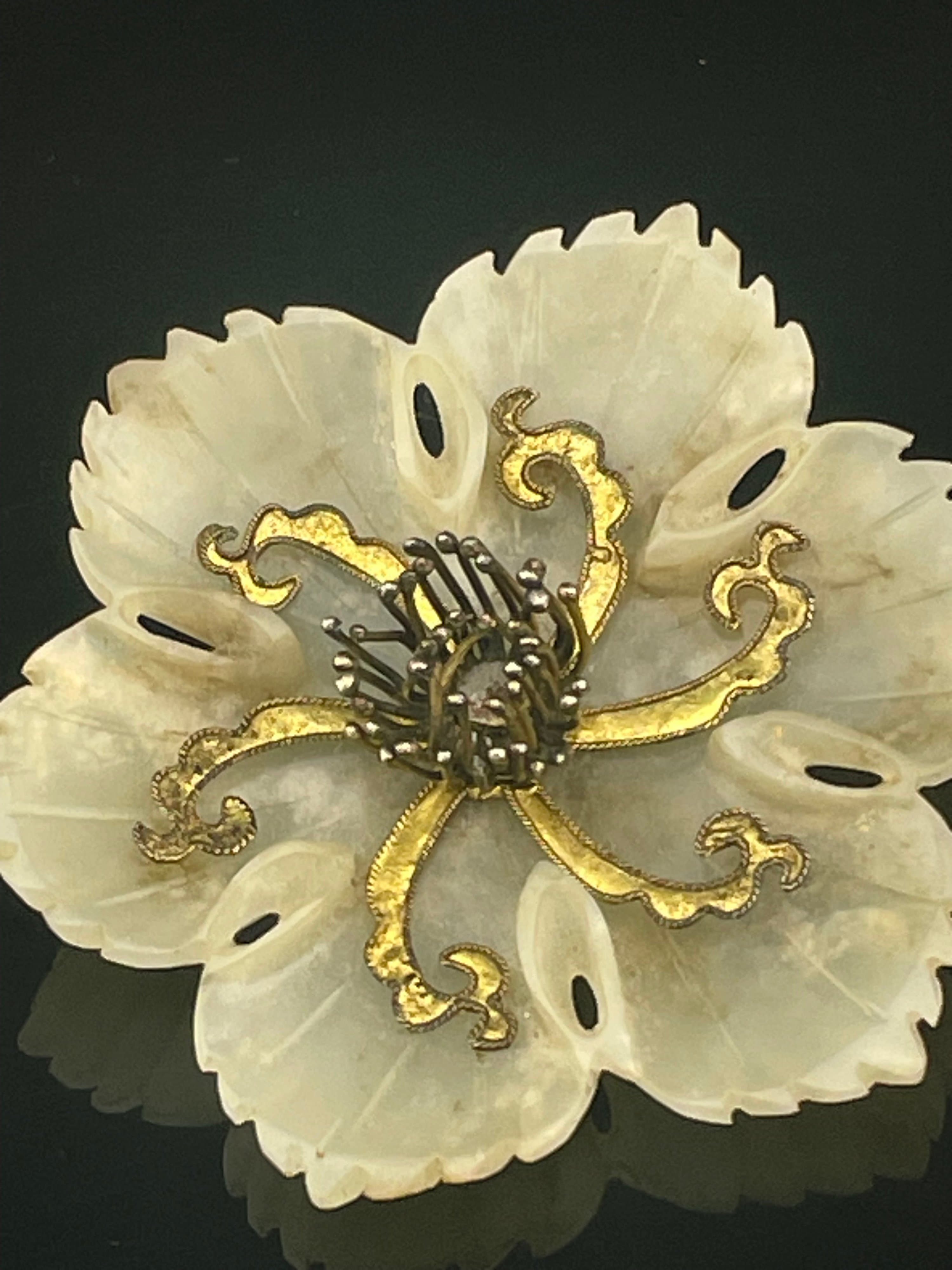 Vintage Carved White Nephrite Jade Flower Brooch Large Floral Chinese 30s 40s - Thumbnail 7