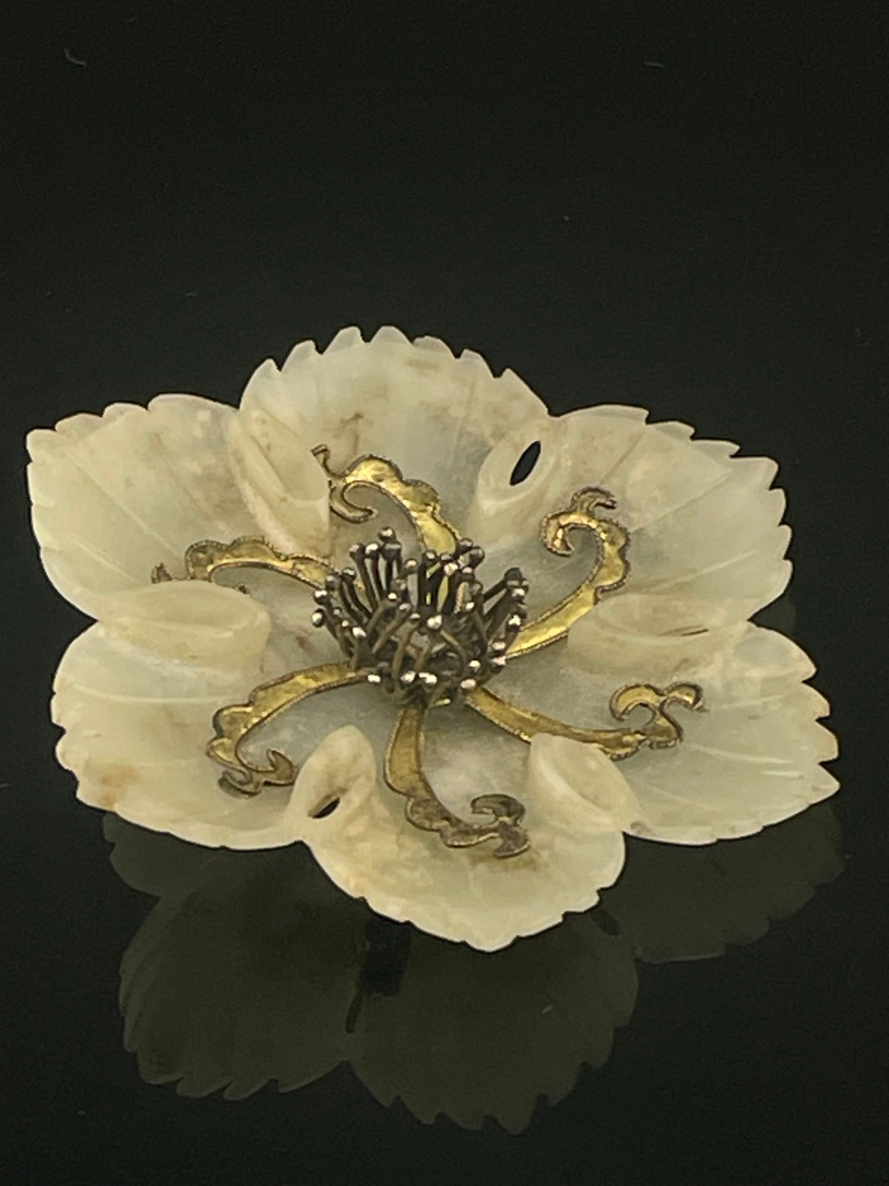 Vintage Carved White Nephrite Jade Flower Brooch Large Floral Chinese 30s 40s - Thumbnail 5