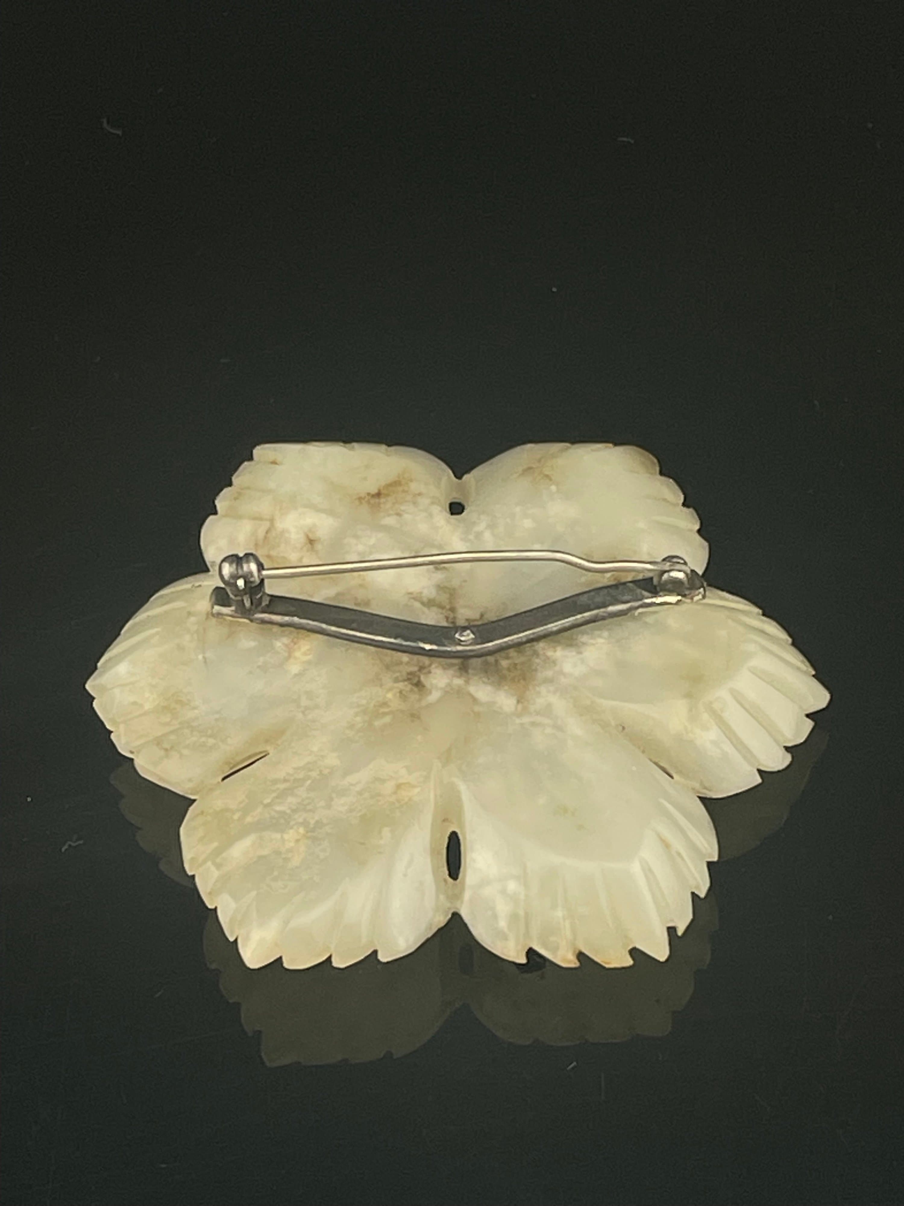 Vintage Carved White Nephrite Jade Flower Brooch Large Floral Chinese 30s 40s - Thumbnail 8