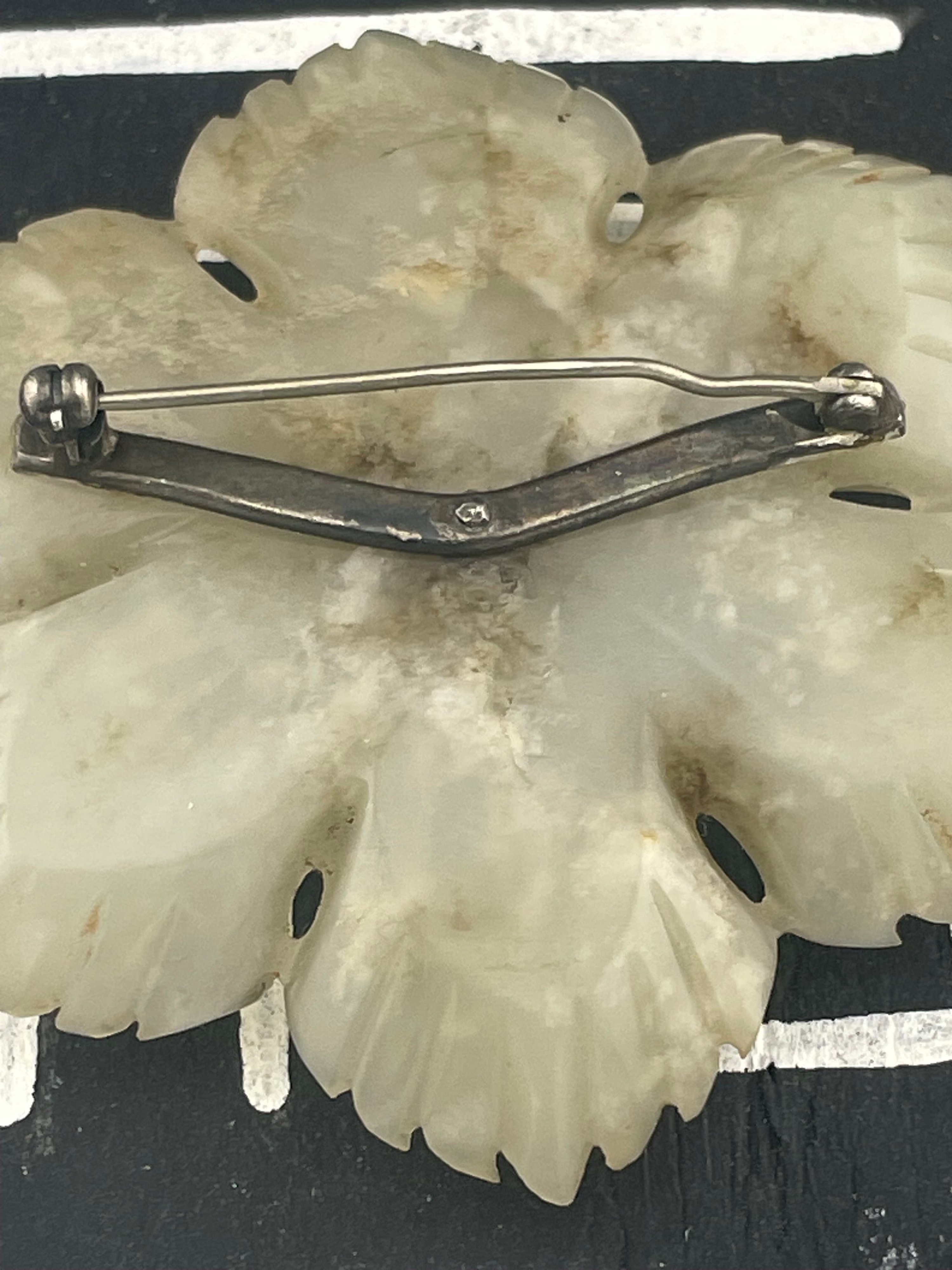 Vintage Carved White Nephrite Jade Flower Brooch Large Floral Chinese 30s 40s - Thumbnail 9