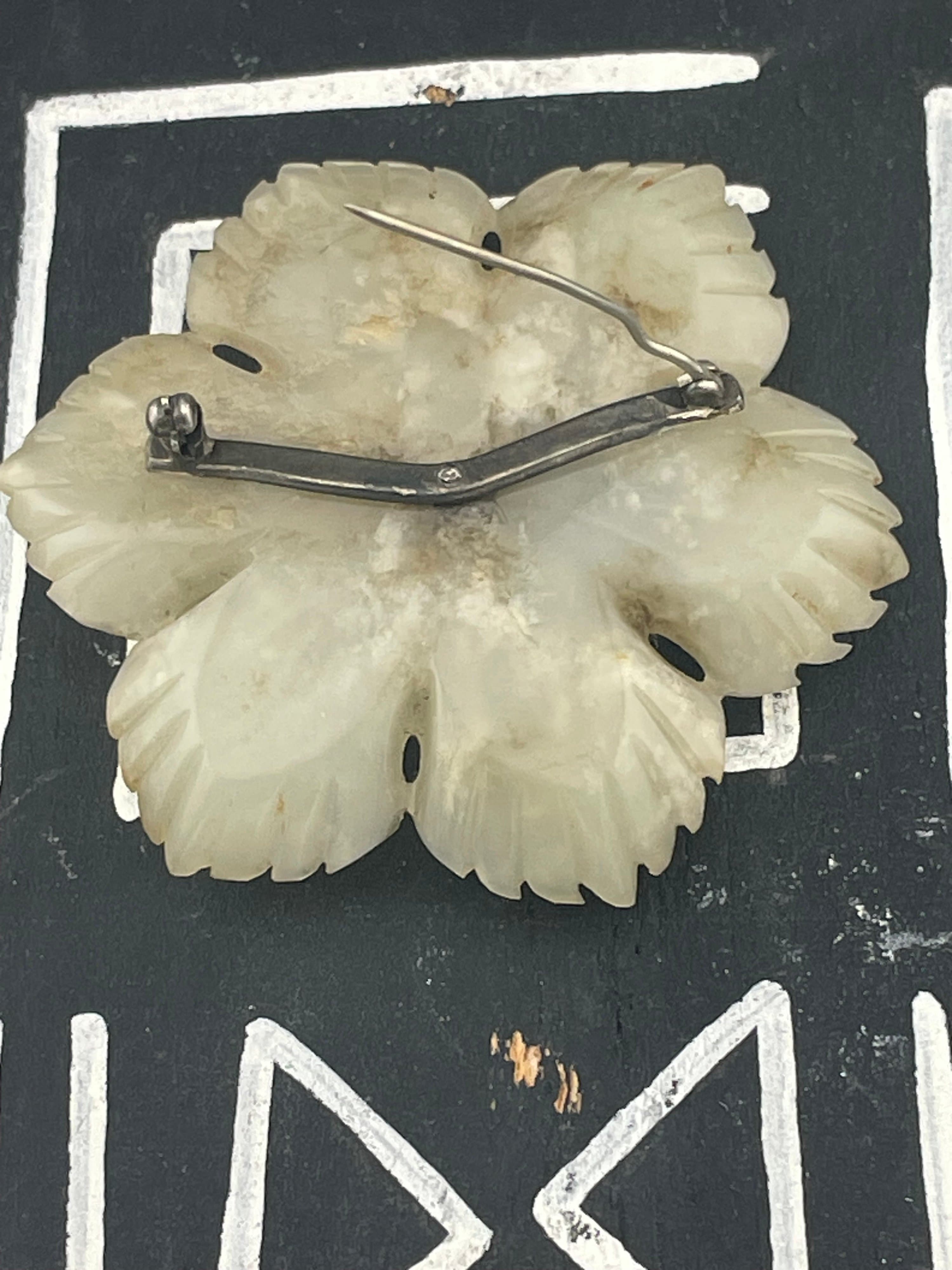 Vintage Carved White Nephrite Jade Flower Brooch Large Floral Chinese 30s 40s - Thumbnail 10