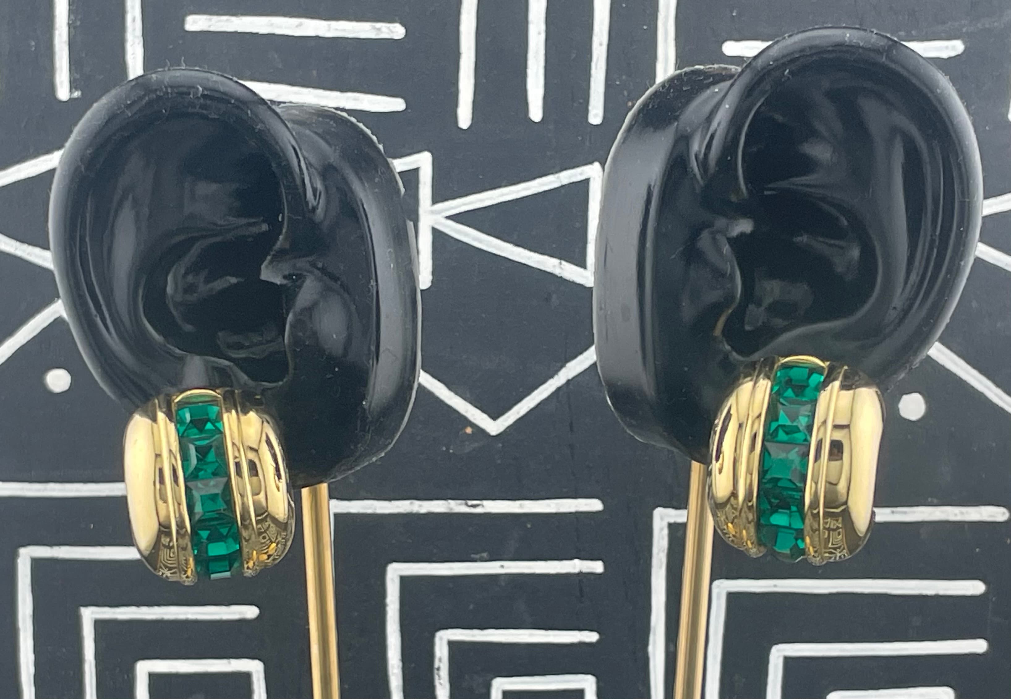Vintage Givenchy Paris New York Emerald Green Earrings Gold Tone Designer Signed