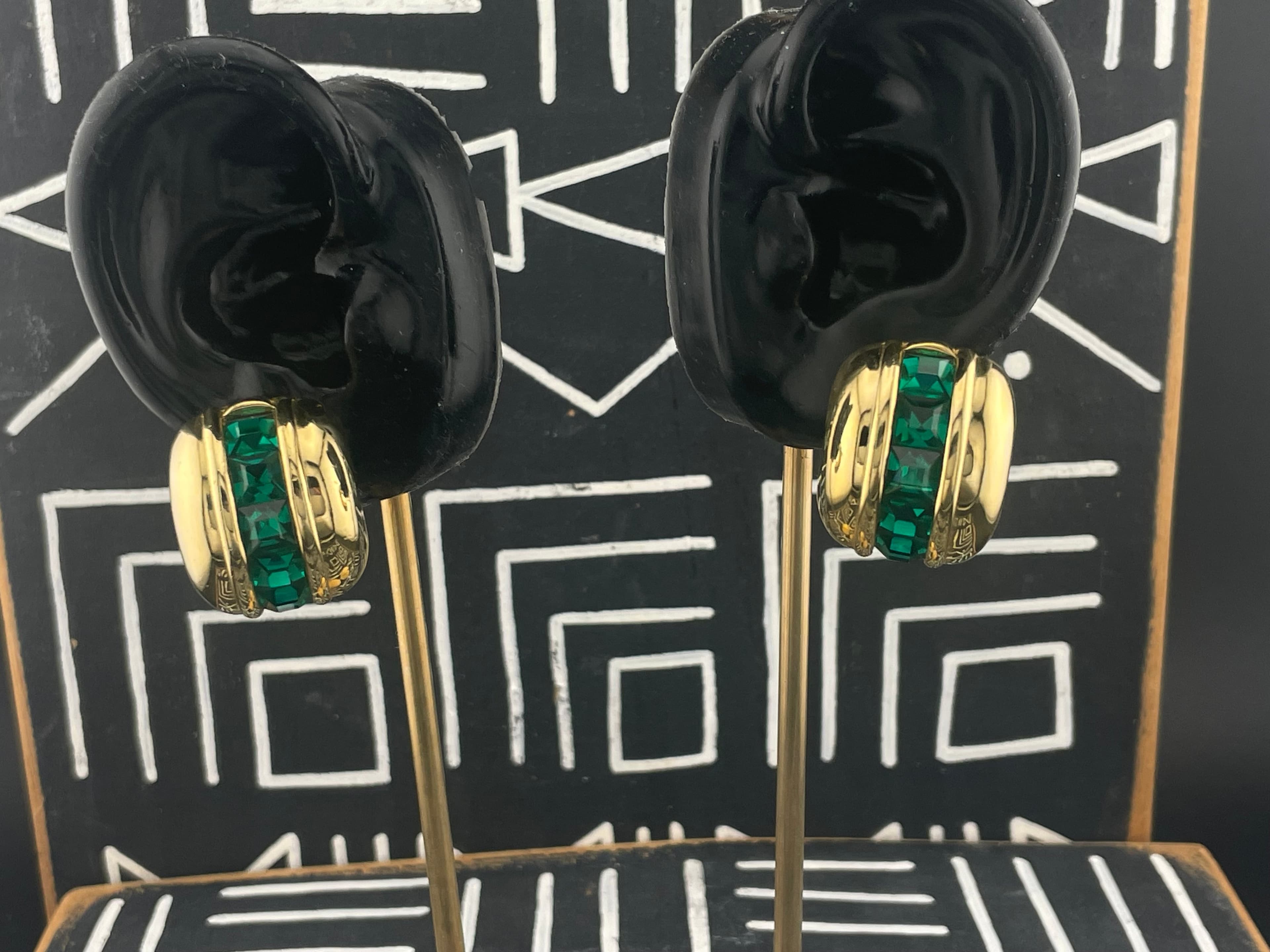 Vintage Givenchy Paris New York Emerald Green Earrings Gold Tone Designer Signed - Thumbnail 3