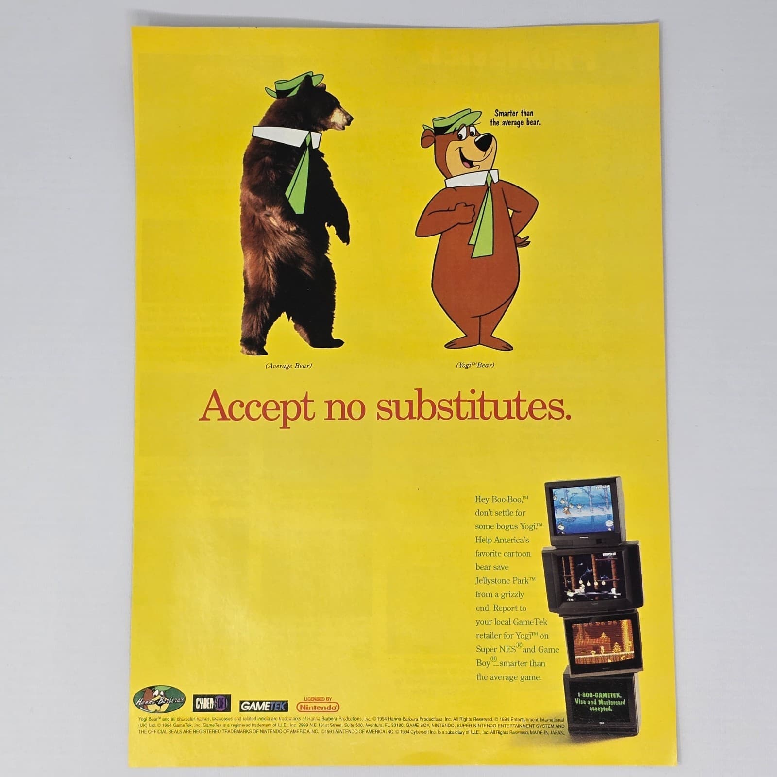 Adventures Of Yogi Bear Super Nintendo SNES Game Boy Accept Print Ad/Poster