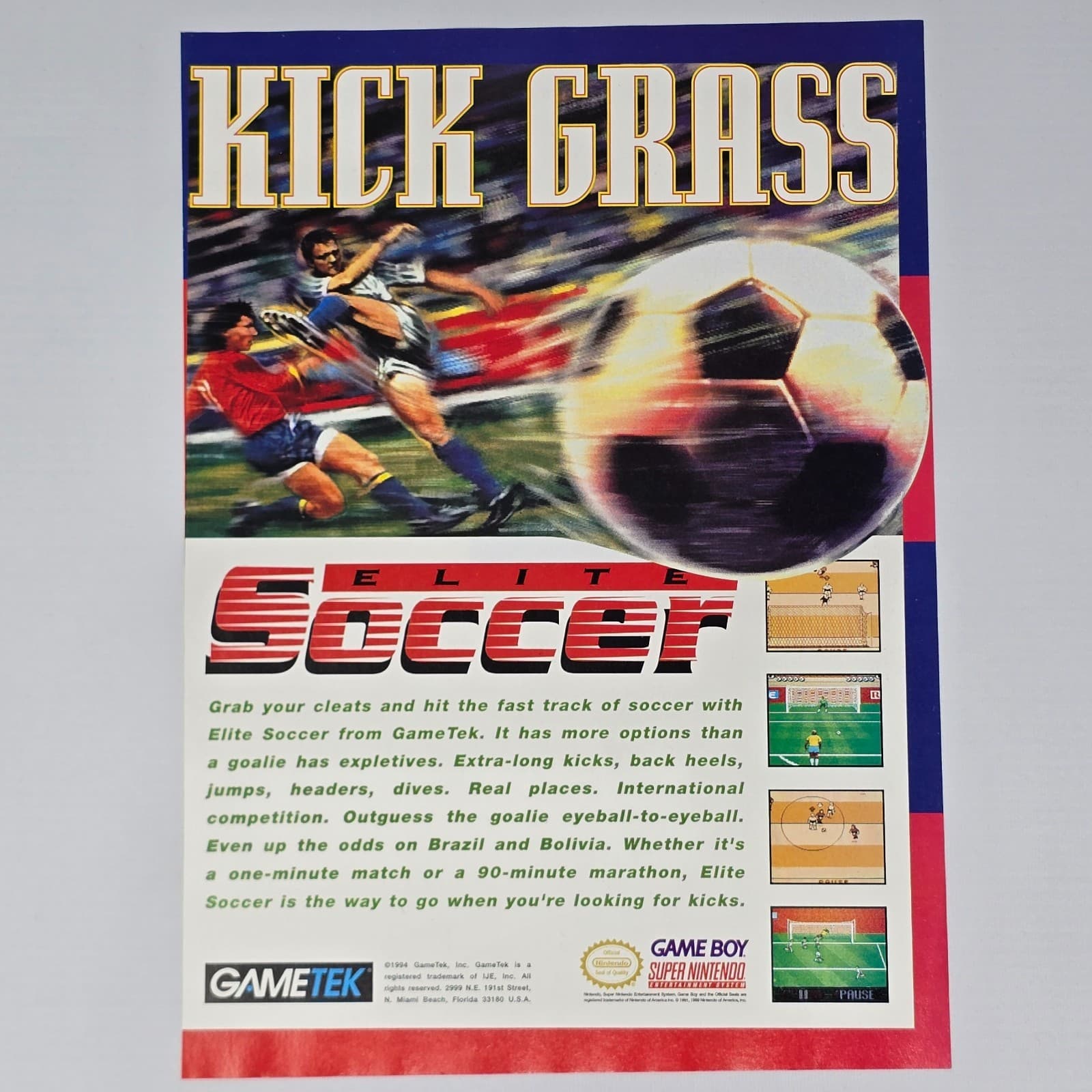 Elite Soccer Super Nintendo SNES Game Boy Kick Grass Print Ad/Poster