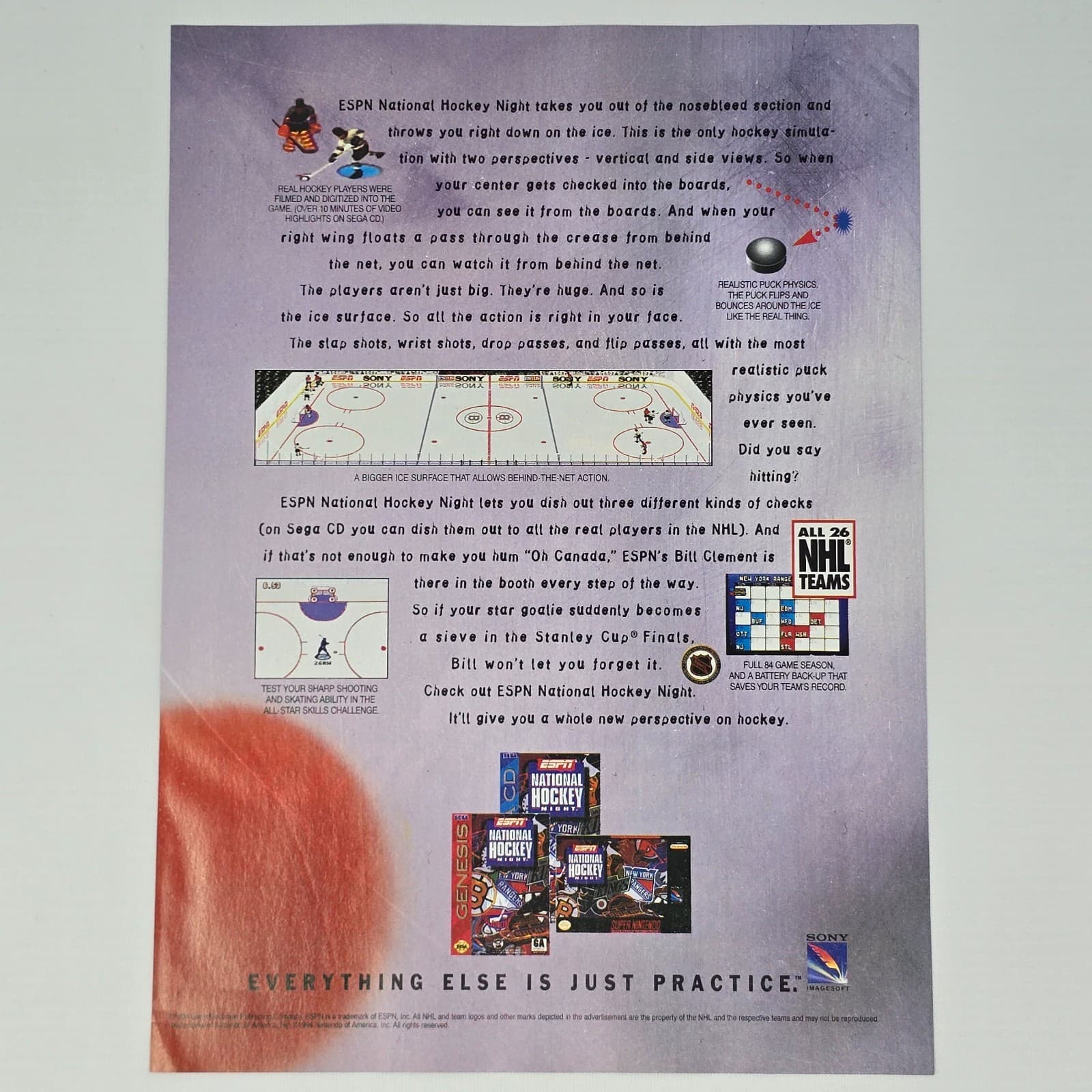 ESPN National Hockey Sega Genesis CD SNES Bill Clement Print Ad/Poster