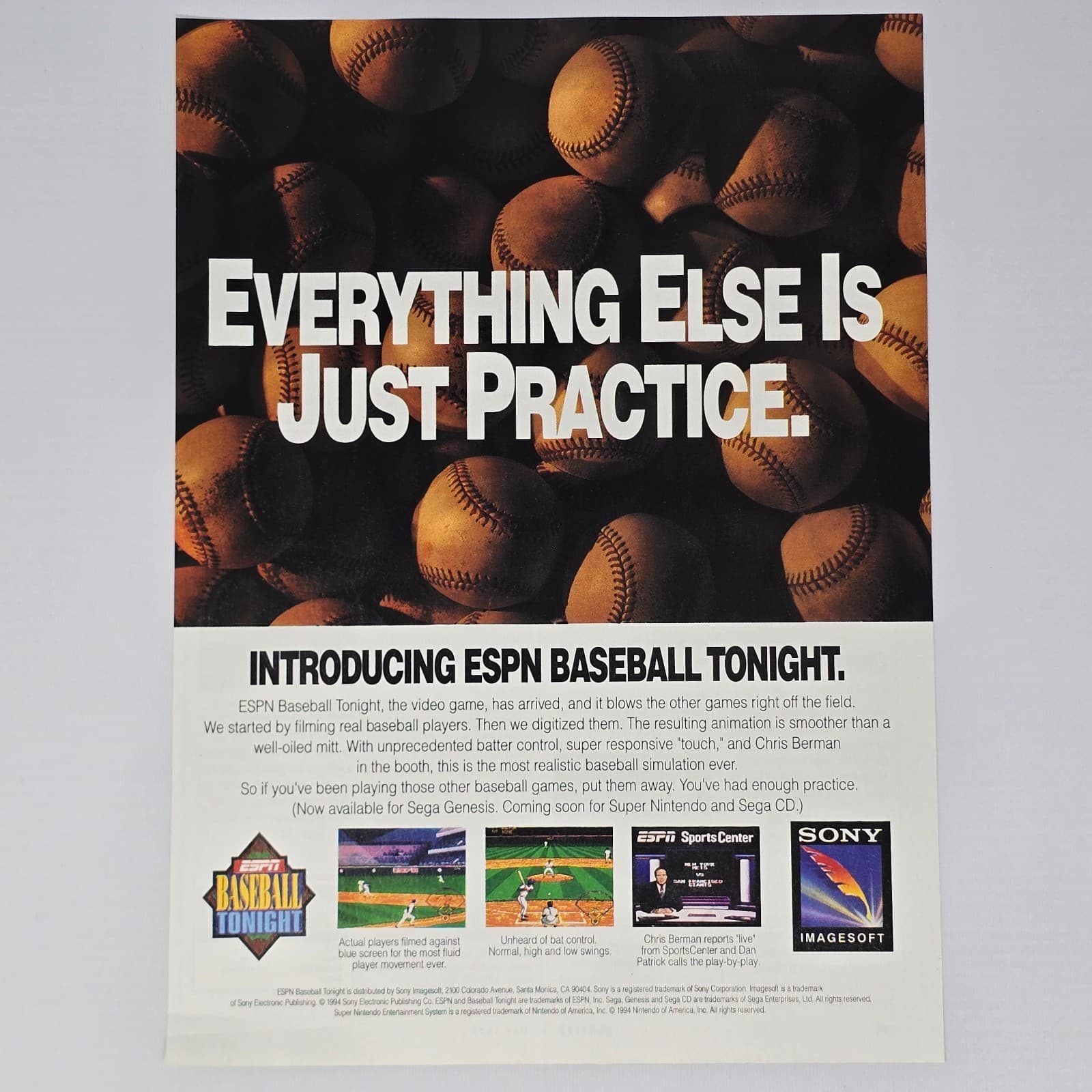 ESPN Baseball Tonight Sega Genesis SNES Sega CD Just Practice Print Ad/Poster