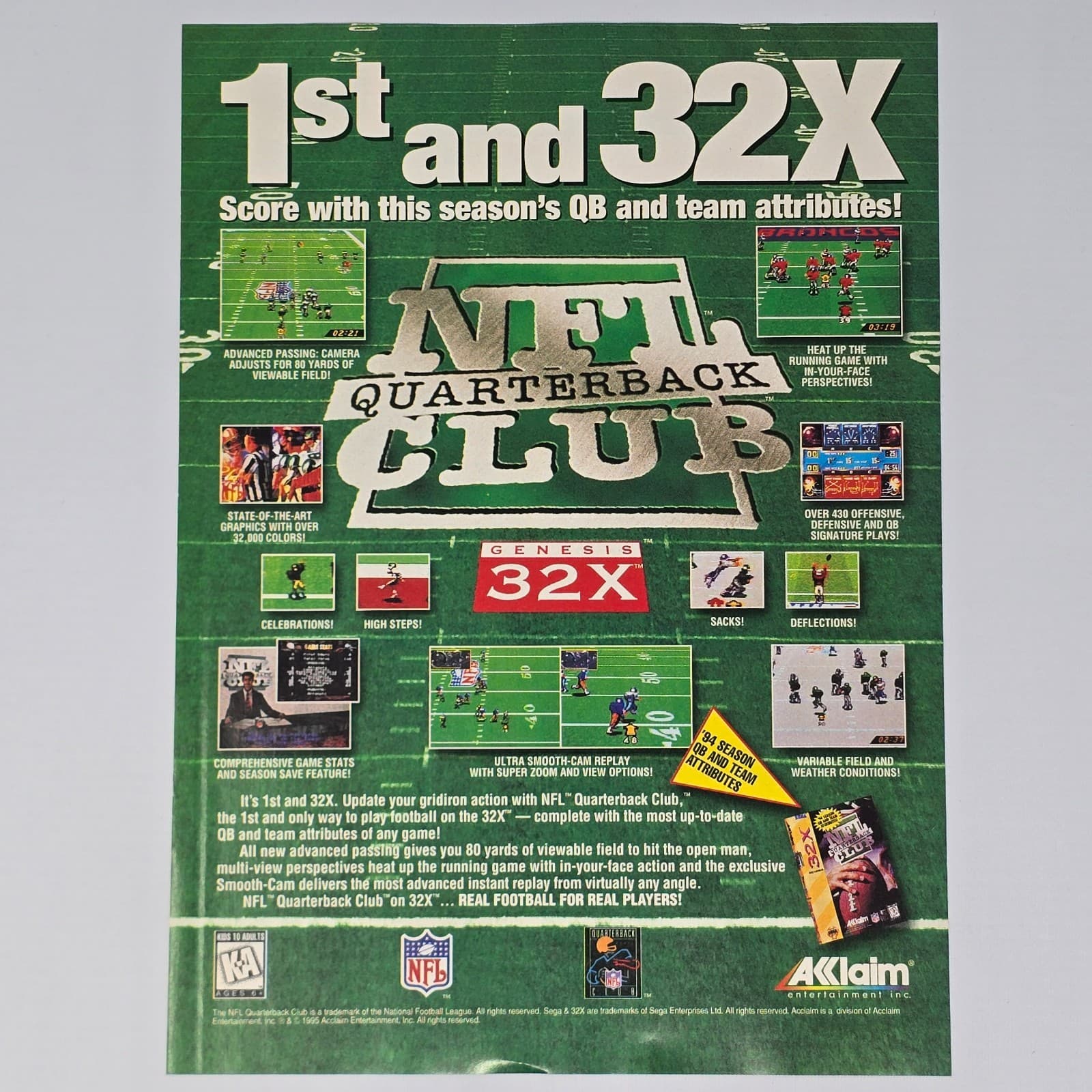NFL Quarterback Club Sega Genesis Gridiron Action Print Ad/Poster