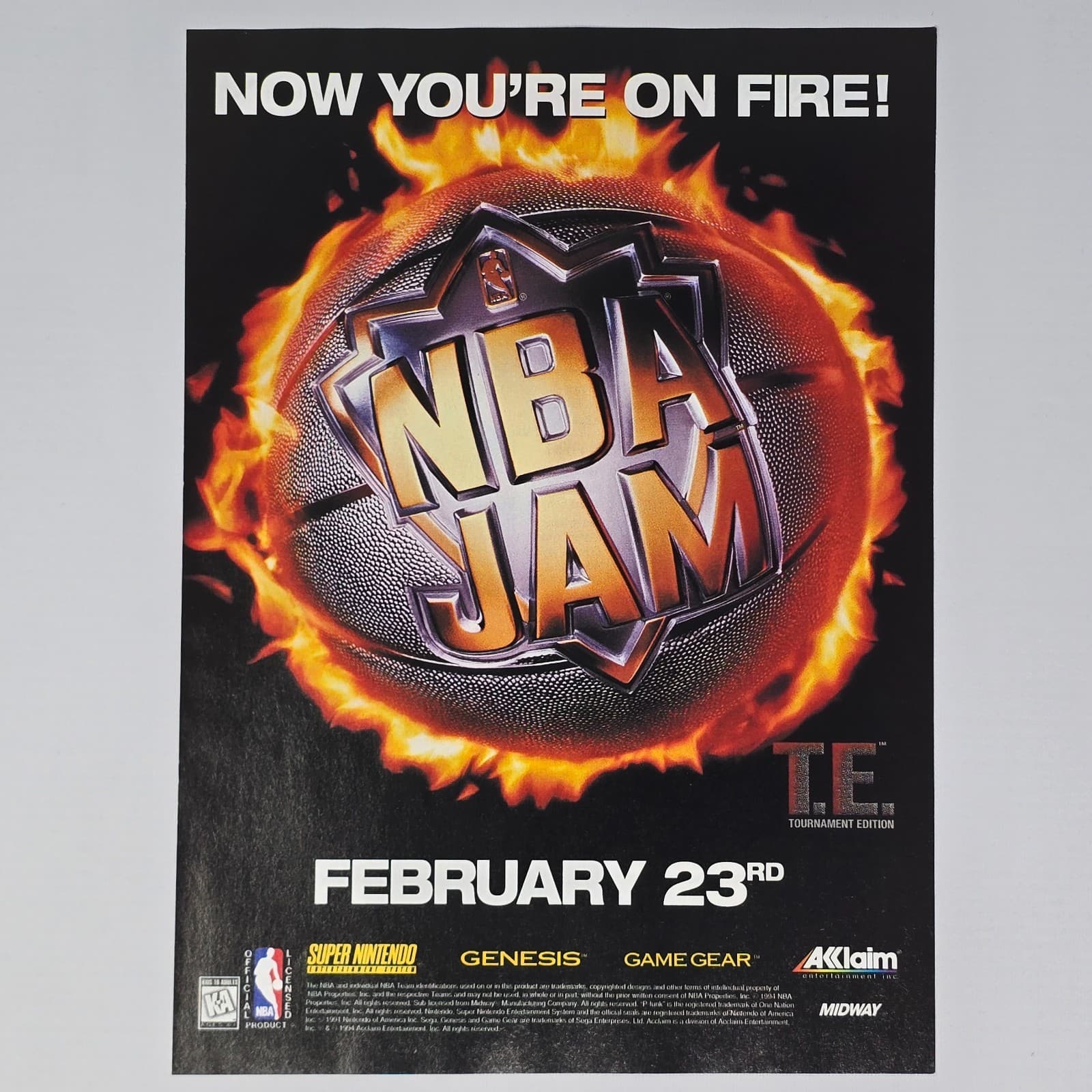 NBA Jam TE SNES Sega Genesis Game Gear On Fire Print Ad/Poster