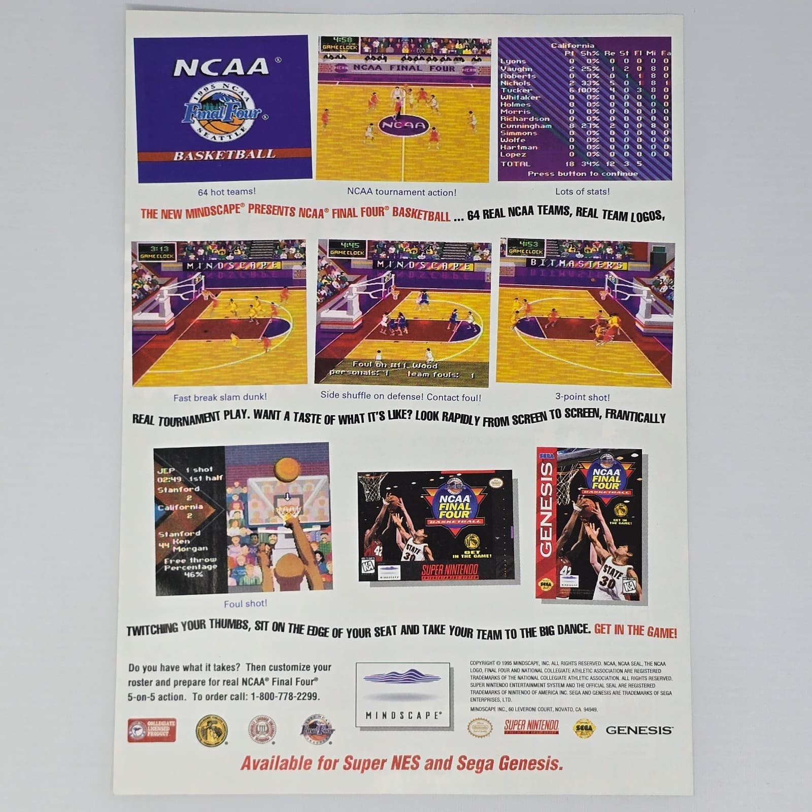 NCAA Final Four Basketball SNES Genesis The Big Dance Print Ad/Poster