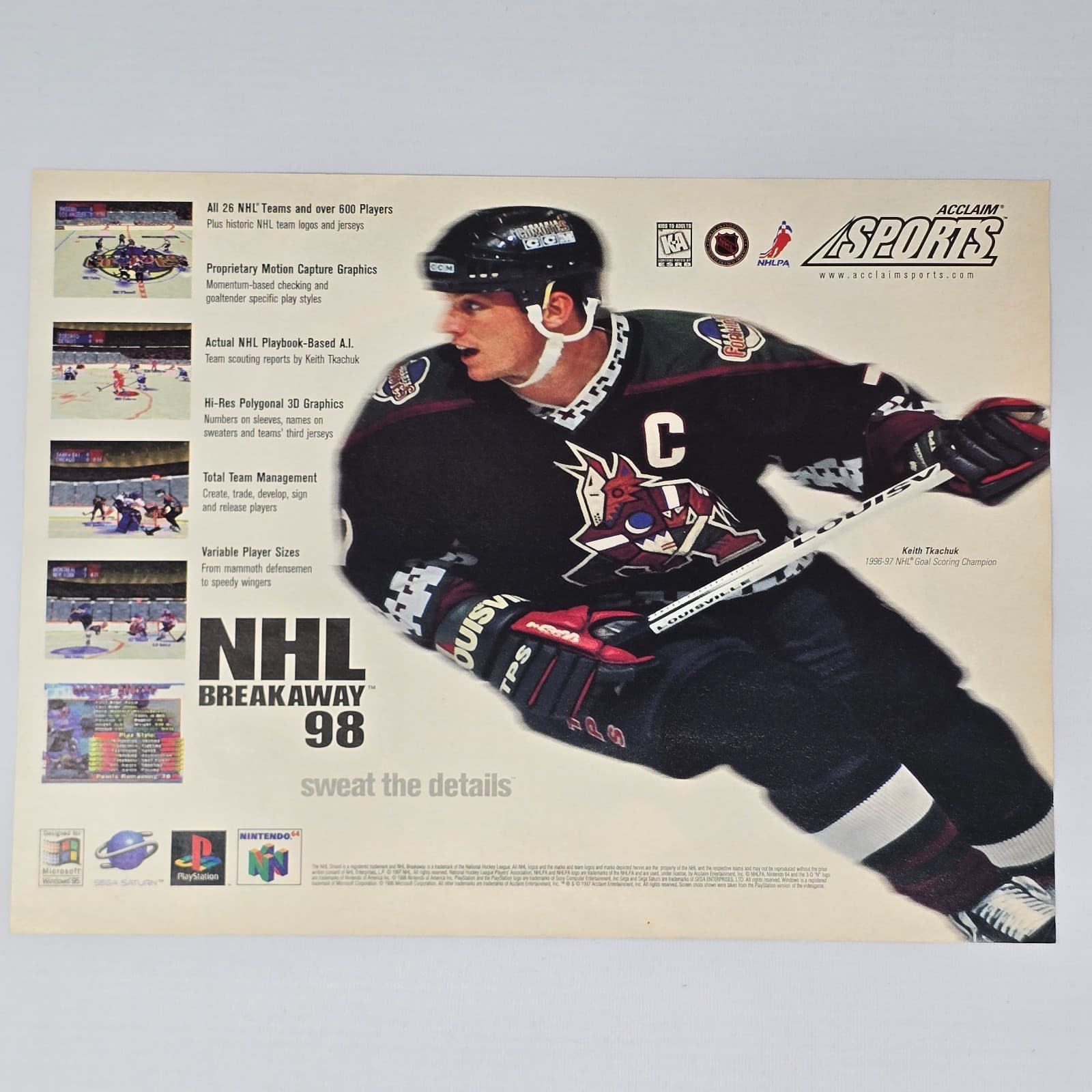 NHL Break Away 98 Sega Saturn PS1 N64 Keith Tkachuk Print Ad/Poster