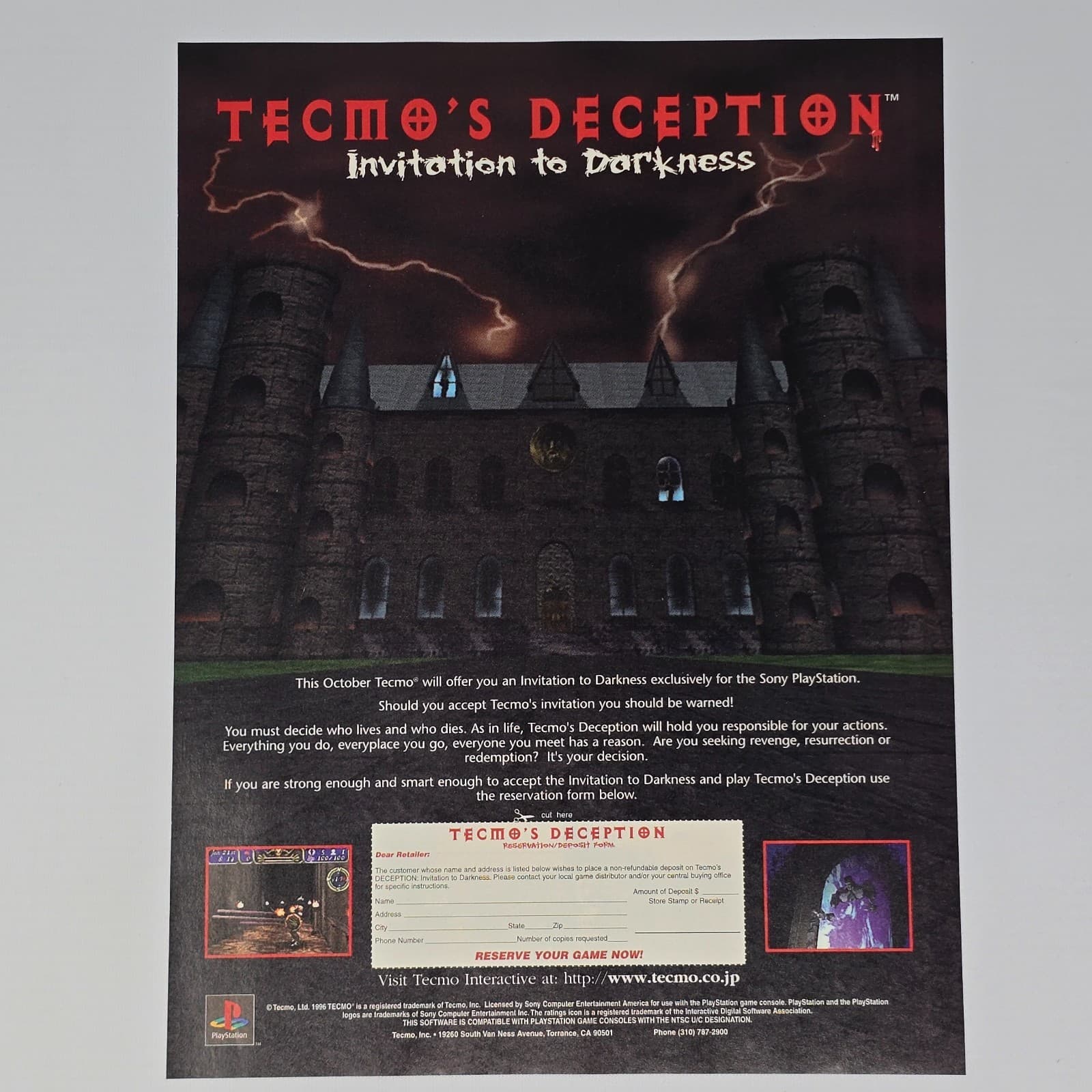 Tecmo's Deception Invitation To Darkness PlayStation PS1 Strong Print Ad/Poster