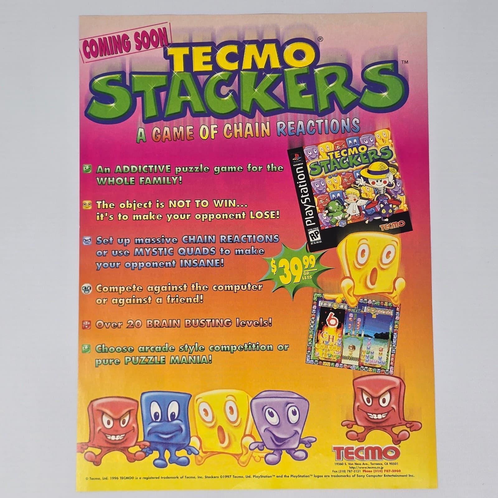 Tecmo Stackers PlayStation PS1 Chain Of Reactions Print Ad/Poster