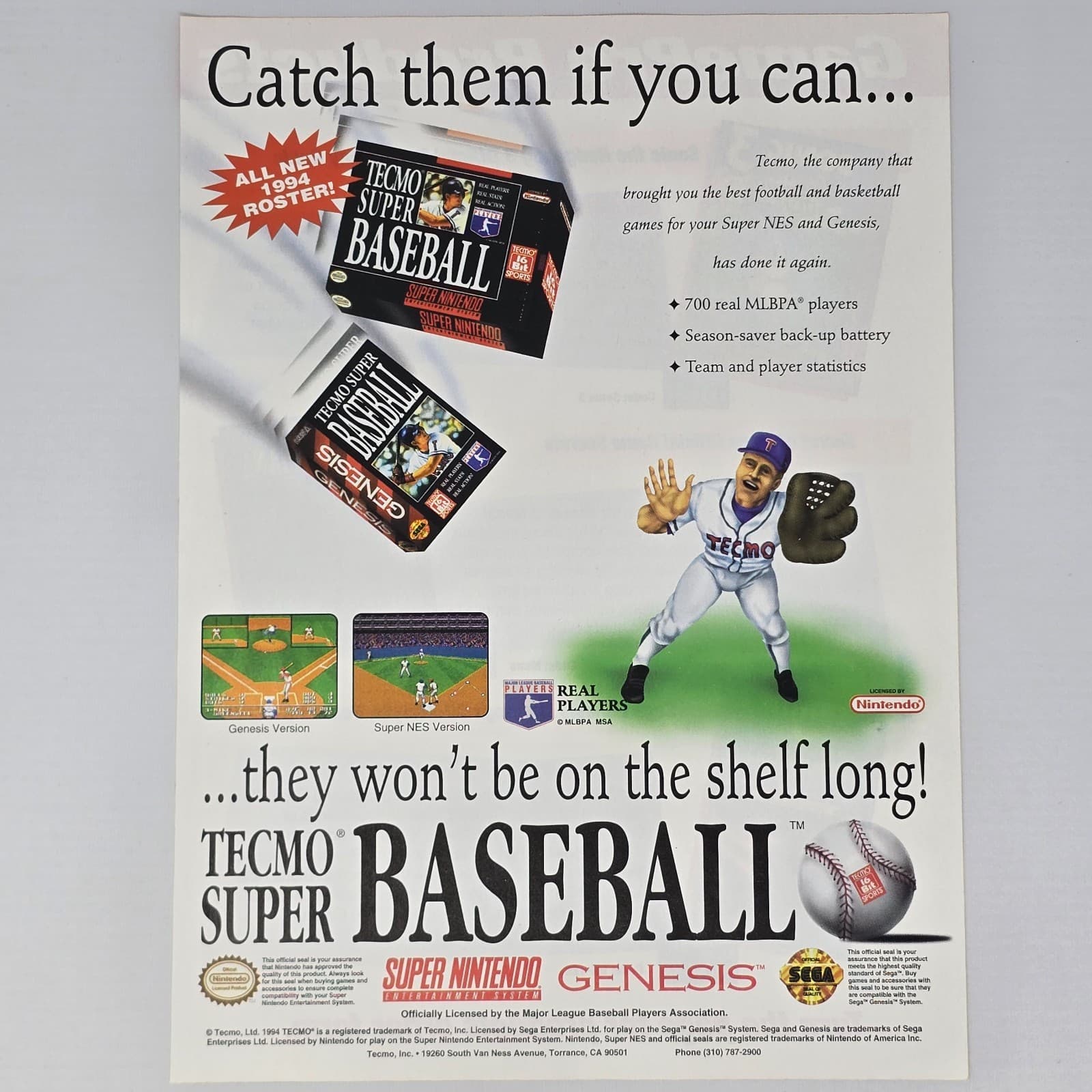 Tecmo Super Baseball SNES Genesis Catch Them Print Ad/Poster