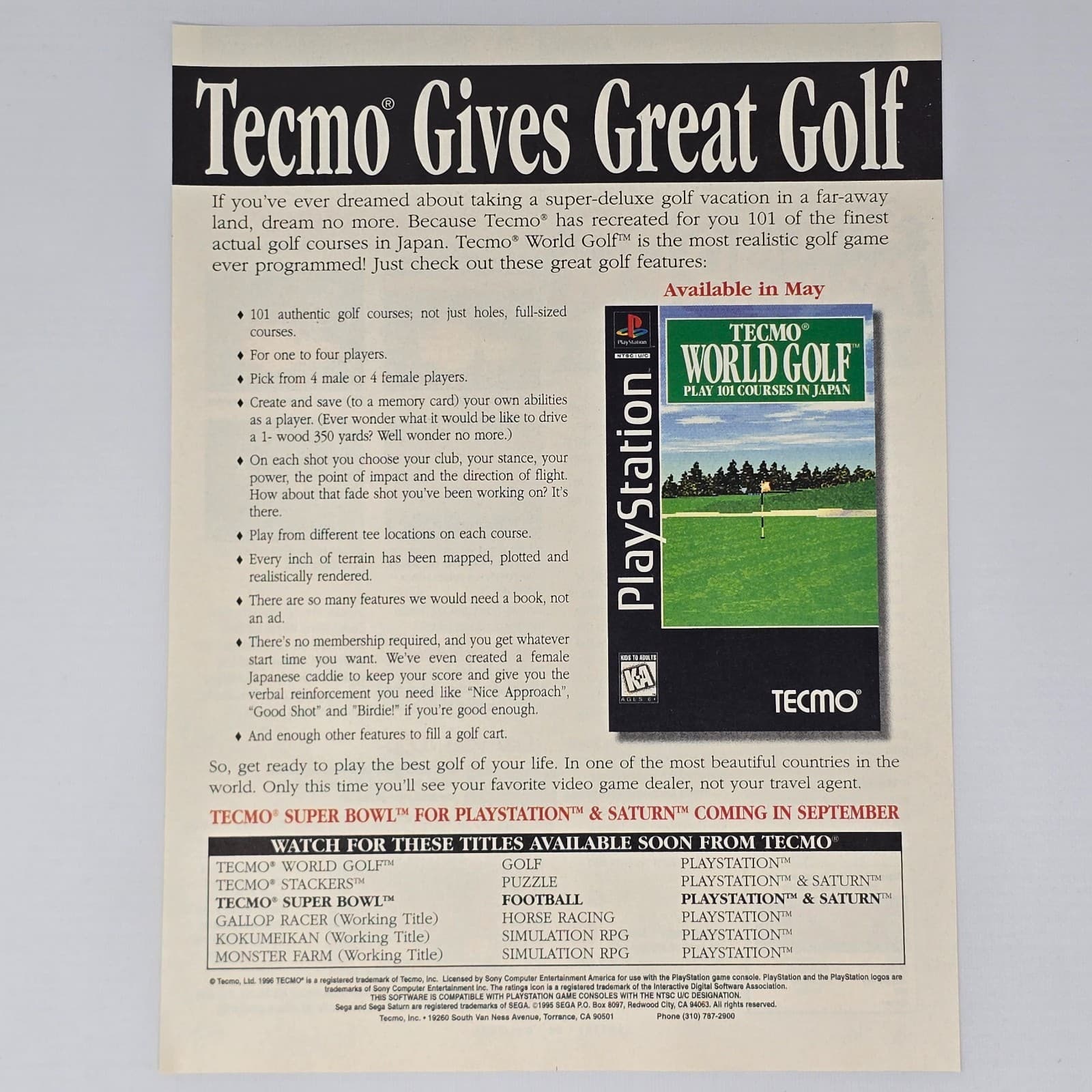 Tecmo World Golf PlayStation PS1 Fade Shot Print Ad/Poster