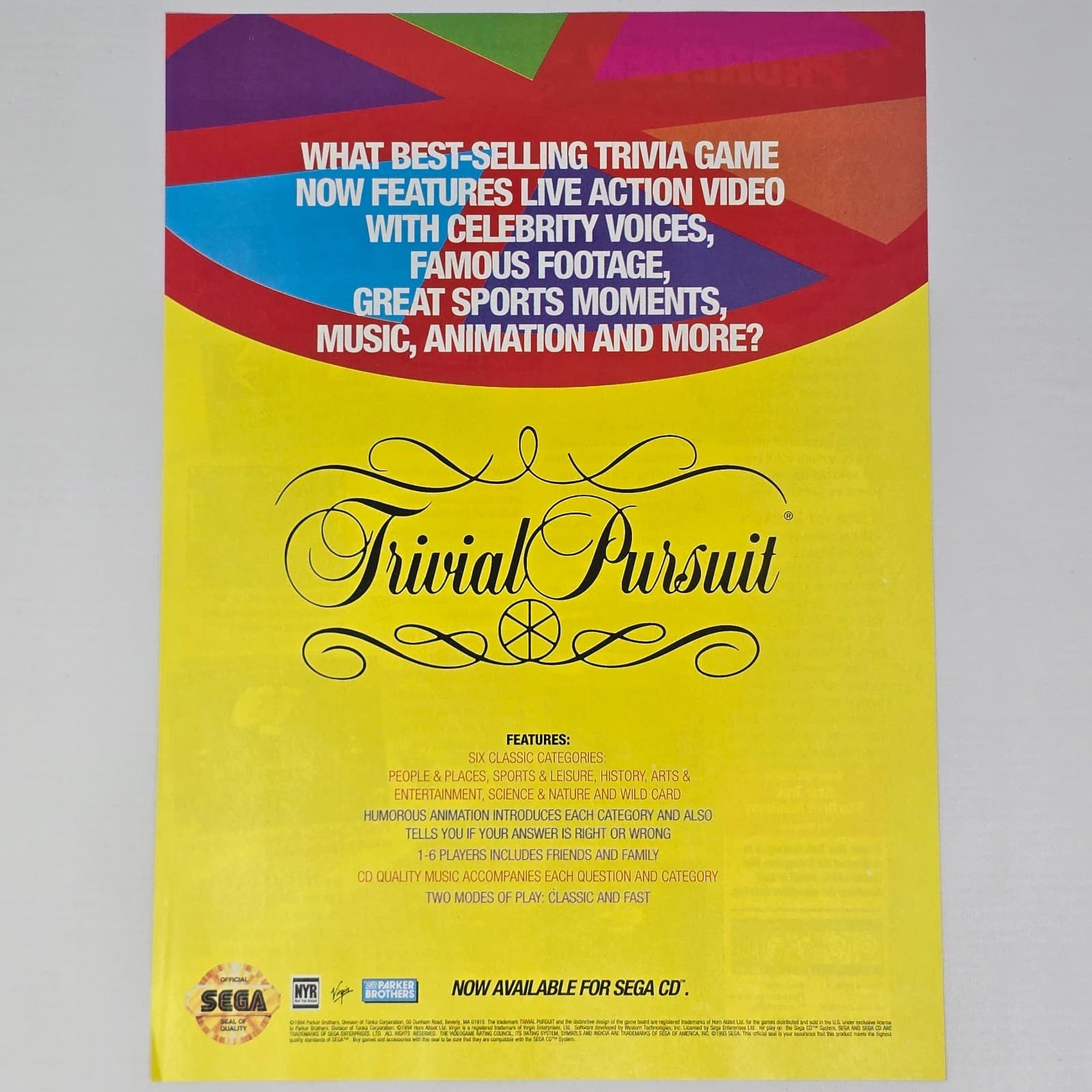 Trivial Pursuit Sega CD Animation Print Ad/Poster