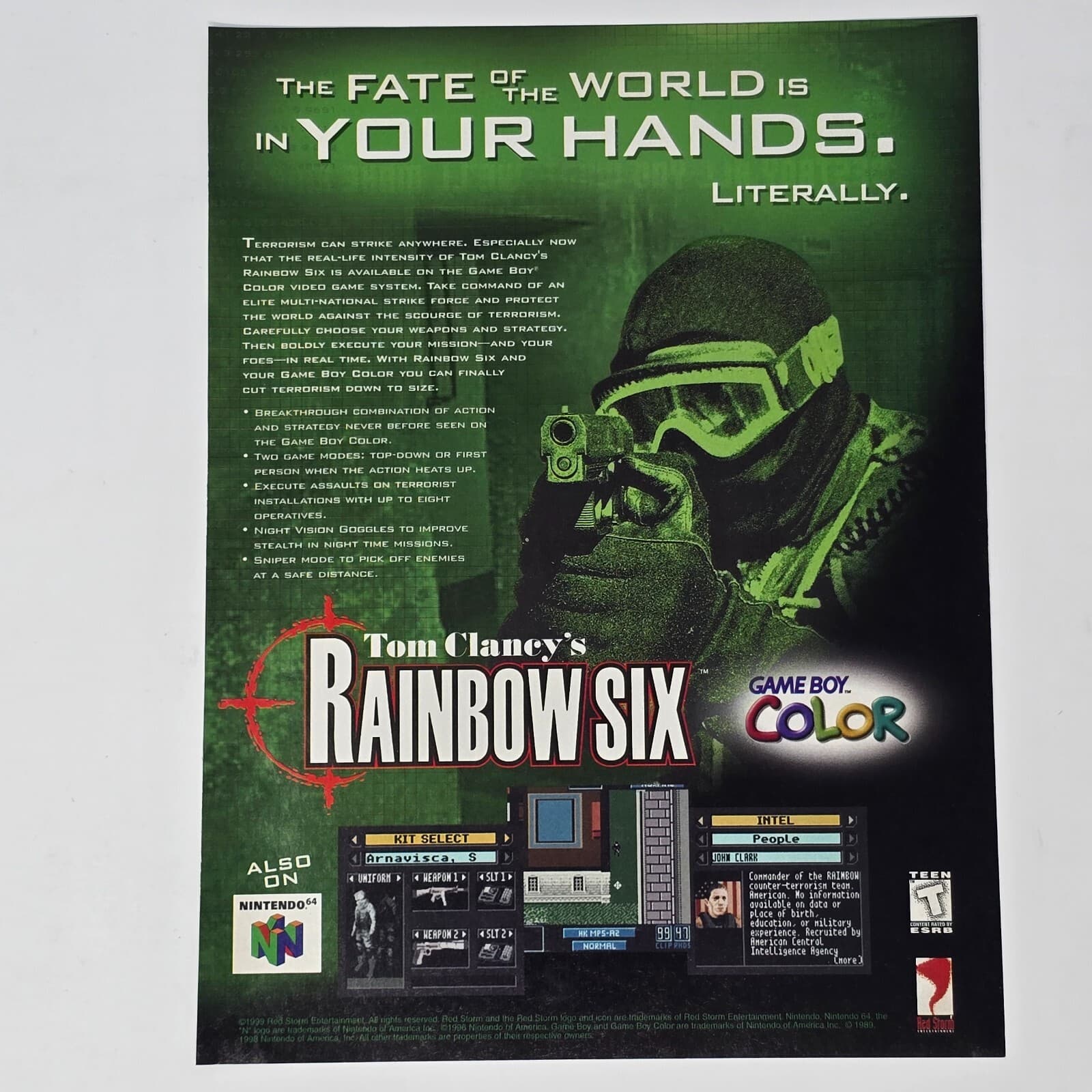 Rainbow Six Nintendo GameBoy Color N64 Fate Print Ad/Poster Official Promo Art