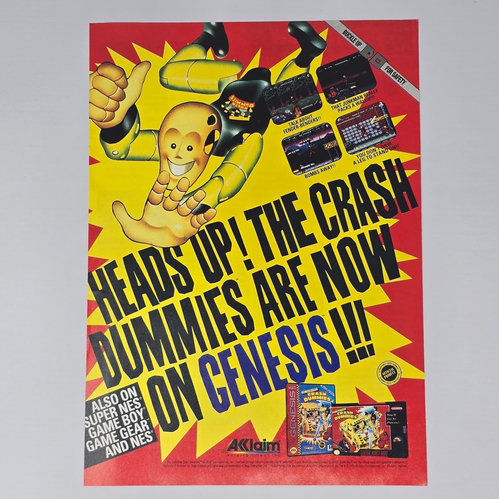 The Incredible Crash Dummies Genesis SNES NES Heads Up Print Ad/Poster Promo Art