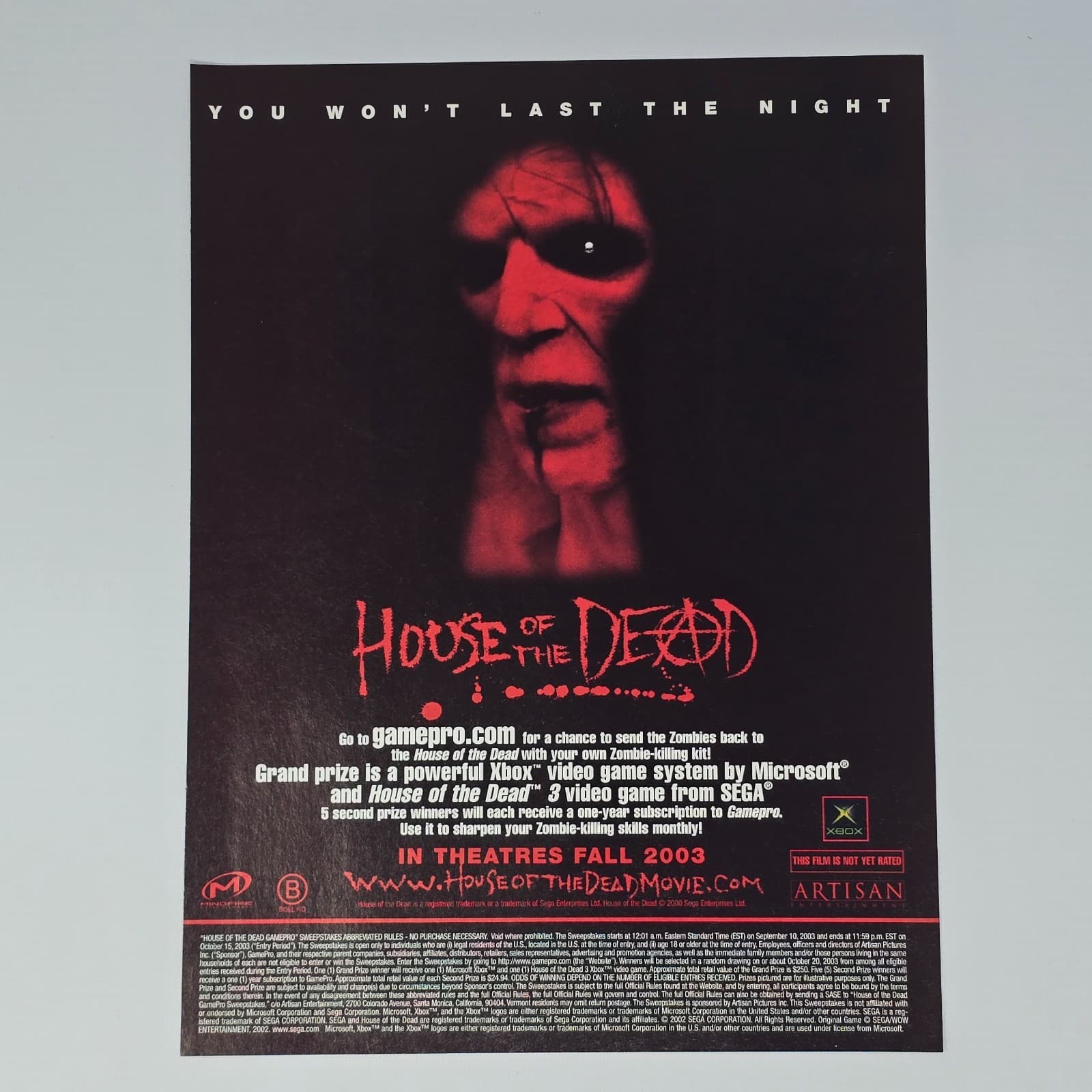 House of the Dead Movie Xbox You Won't Last the Night Print Ad/Poster Promo Art
